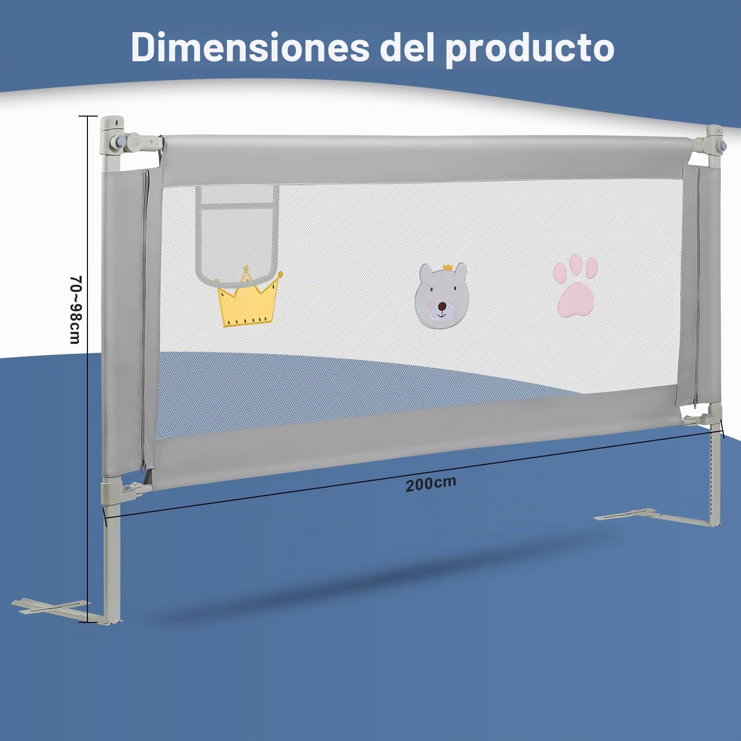 Ikodm Barrera de cama 2 x 200 cm y 1 x 180 cm, barrera de protección para la cama ajustable de 70 – 98 cm, protección contra caídas, barrera para cama infantil, barandilla para cuna de bebé, fácil de