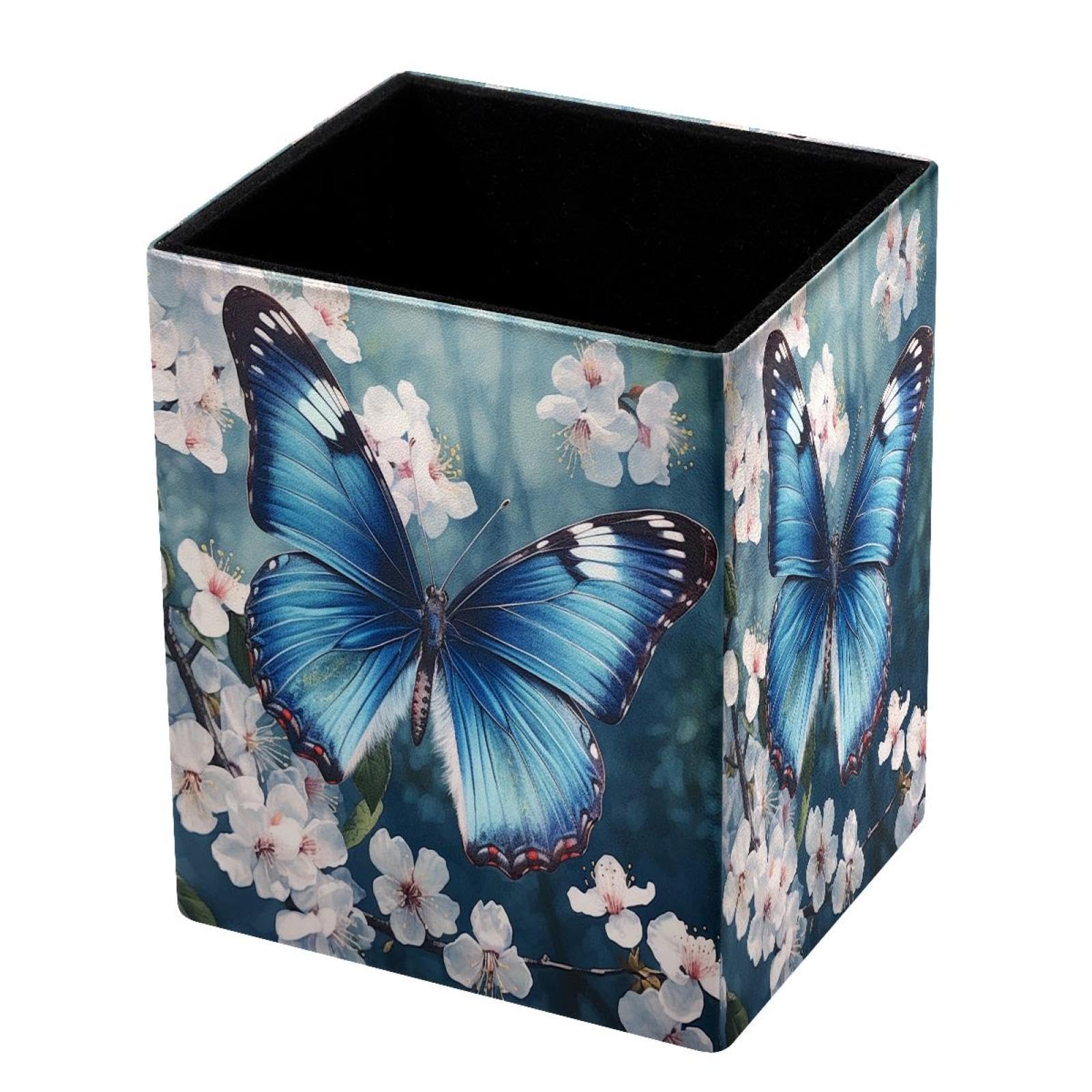 DragonBtu Desktop Pencil Holder, Blue Butterfly Cherry Blossoms Rectangular Pencil Cup, Pencil Storage Bag Office Desk Supplies Case for School, Kids