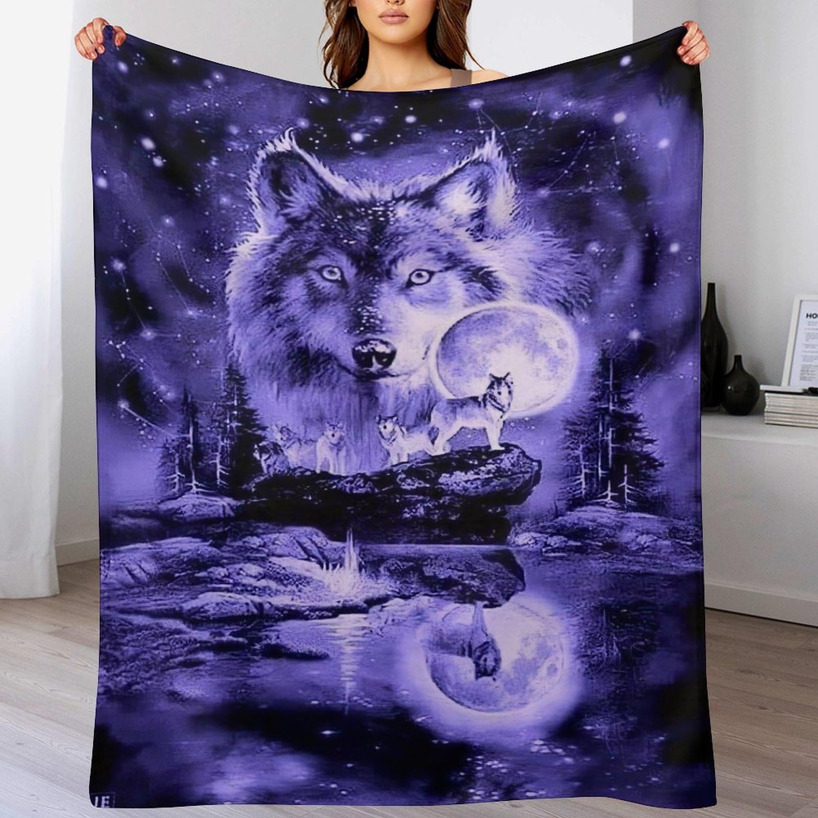 Couverture chaude et durable en flannel motif loup 180x200cm pour sofa