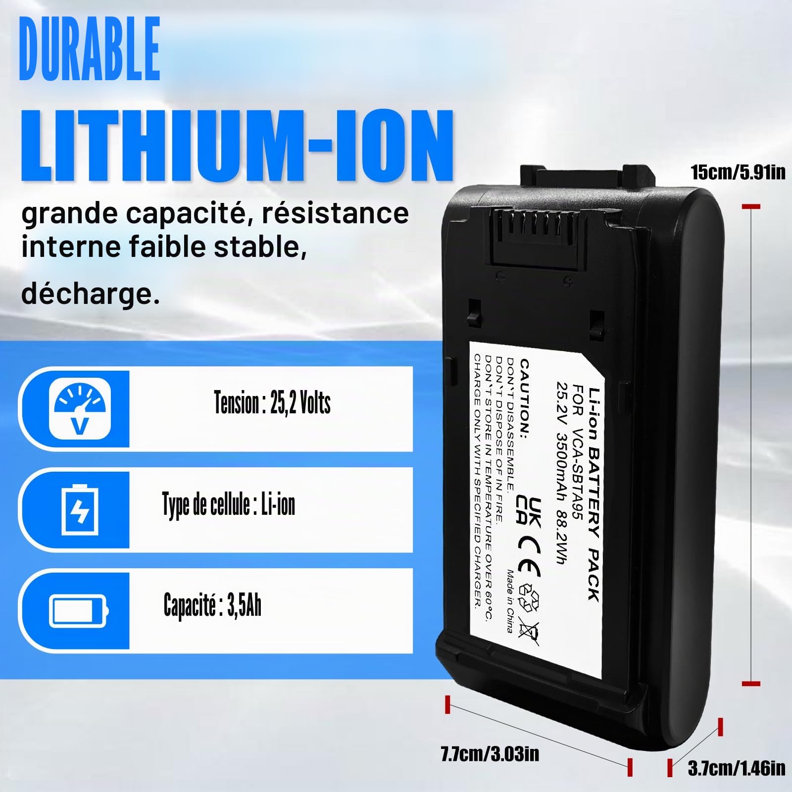 Batterie pour aspirateur sans Fil Samsung Jet Bespoke Plus, Jet 85, Jet 95 Samsung, remplace Le modèle de Batterie VCA-SBTA95, VCA-SBTA95/VT. Compatible avec VS20C95E4TB/WD, VS20C95D4TK/WD