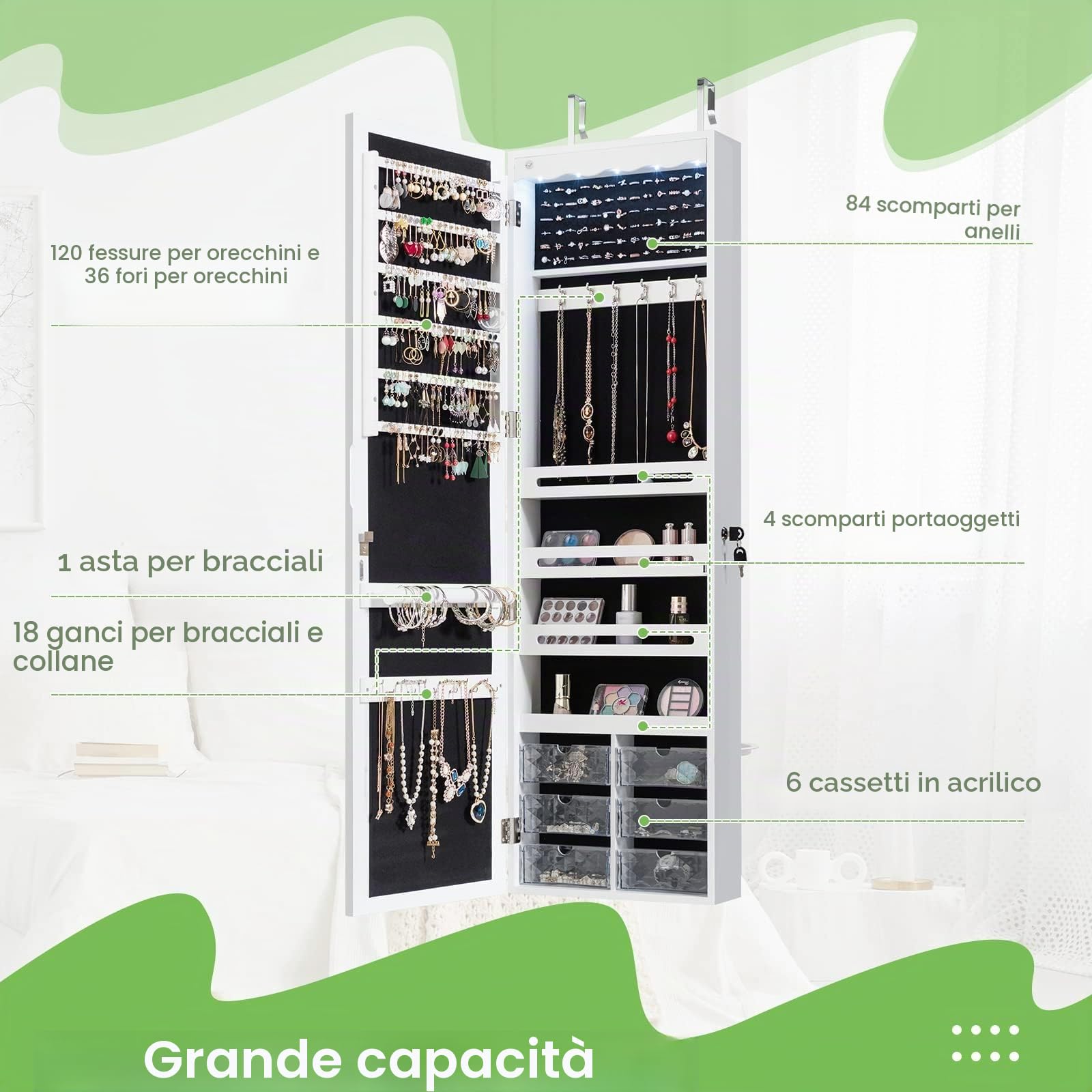 FANTASK Armadietto per gioielli da appendere, con illuminazione a LED, specchio e 6 cassetti, pensile per montaggio a porta e parete, per gioielli e cosmetici, bianco