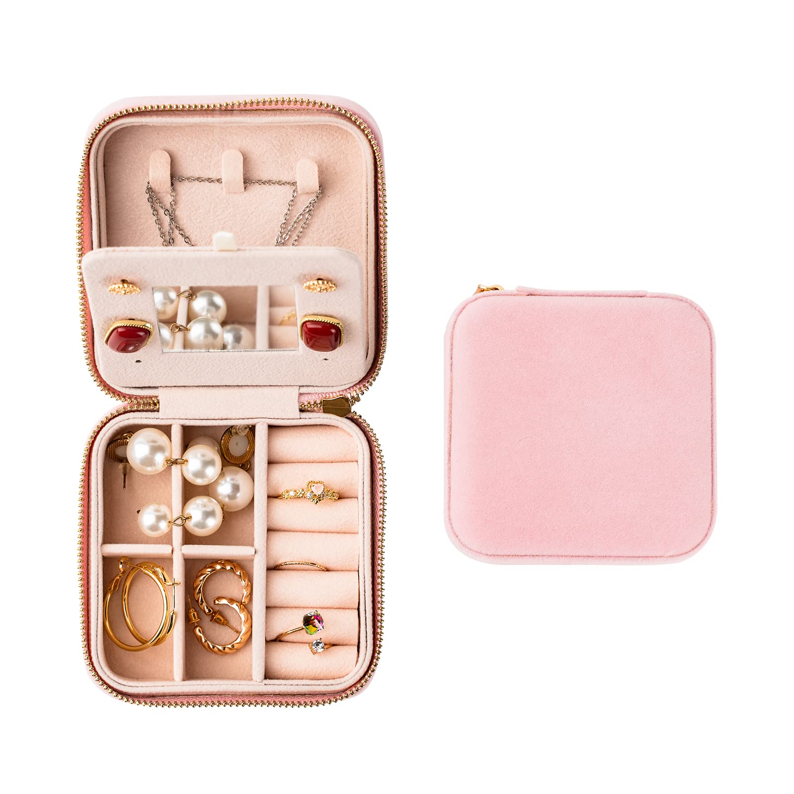 Smileshe Velvet Jewelry Box for Women Girls, Small Travel Organizer with Mirror, Mini Portable Gifts Case Jewellery Storage Boxes for Earrings Rings Bracelets Necklaces