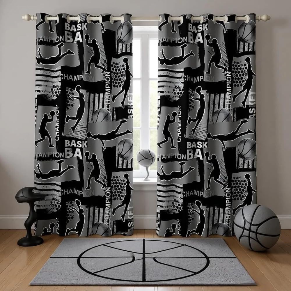 Loussiesd Basketball Print Window Treatments Sports Theme Curtain for Kids Boys Girls Teens Decor Ball Games Window Drapes Geometric Stripes Black Gray Window Curtain W66*L72 โ image 1