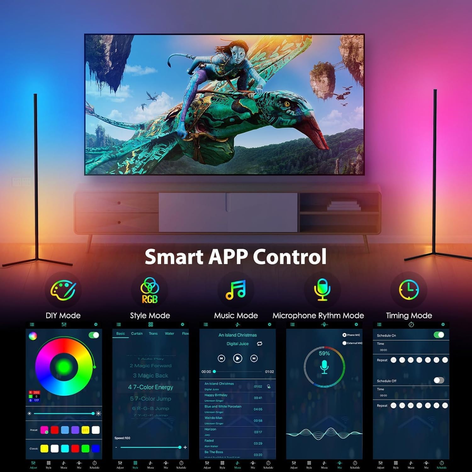 Smart LED Corner Floor Lamp for Living Room with App Remote Control, 16 Million Colors, Music Sync, Black