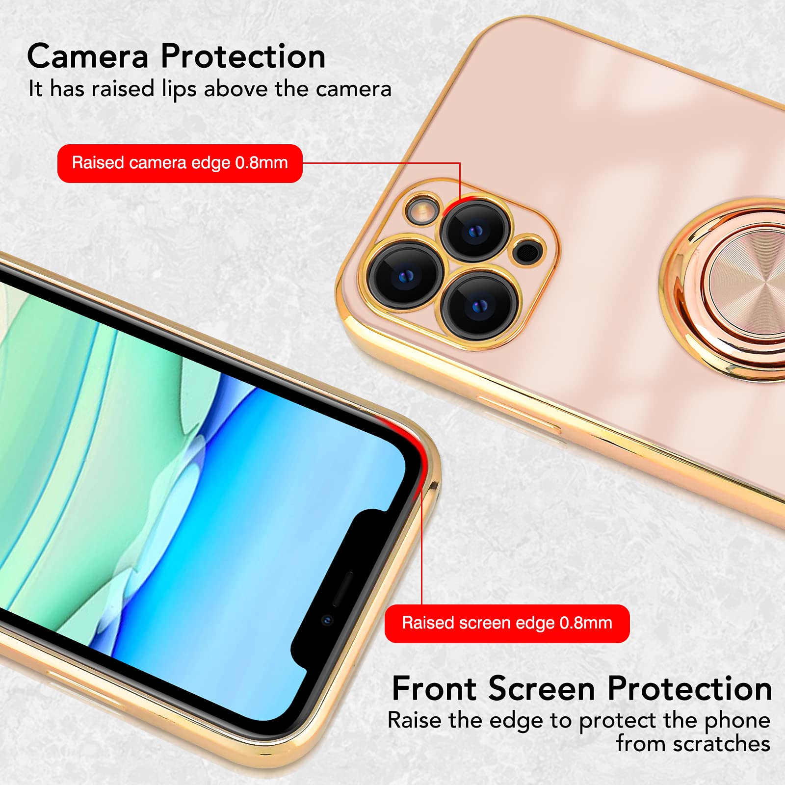 Custodia IPhone 11 Pro Max Con Fiore Girevole Anti-Stress - Cornice Dorata Lux, Morbida E Sottile, Supporto Integrato - Per Ragazze E Donne - Bianco - 3