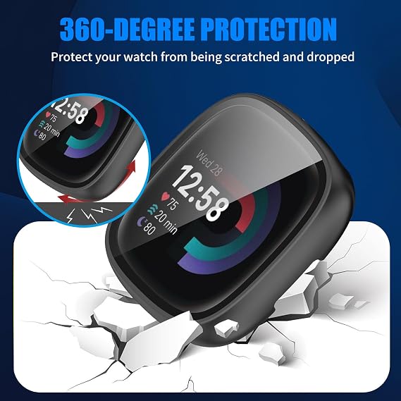 3 Pack for Fitbit Sense 2 / Versa 4 Screen Protector Case [Full Coverage], Hard PC Bumper All-Around Protective Accessories for Fitbit Sense 2 / Versa 4 Built-in Tempered Glass Film