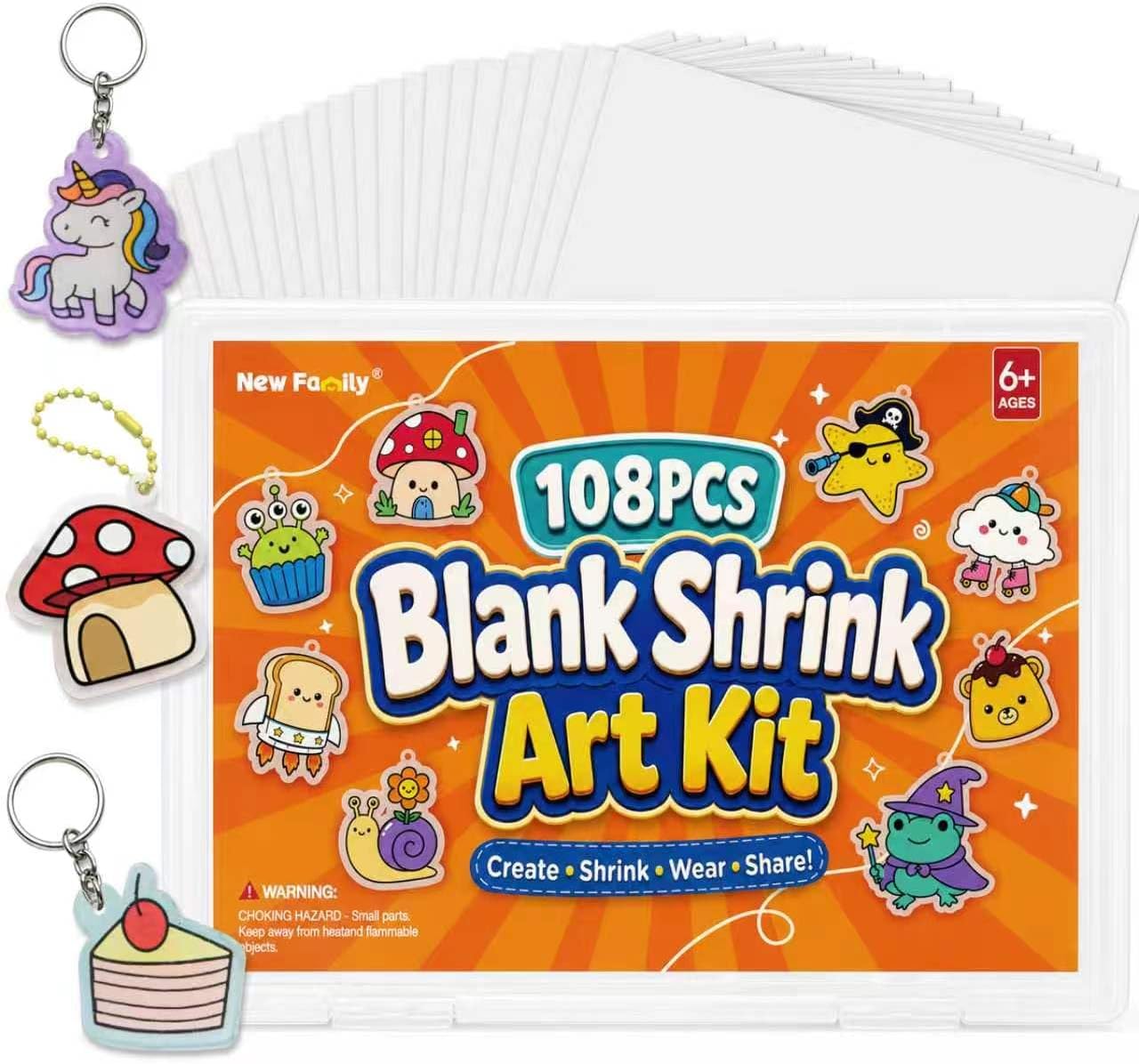 NewFamily Blank Shrink Art Kit for Kids, 30 Shrink Plastic Sheets with Acrylic Markers, Hole Punch and Keychain Accessories for Custom Charms and Personalized Crafts