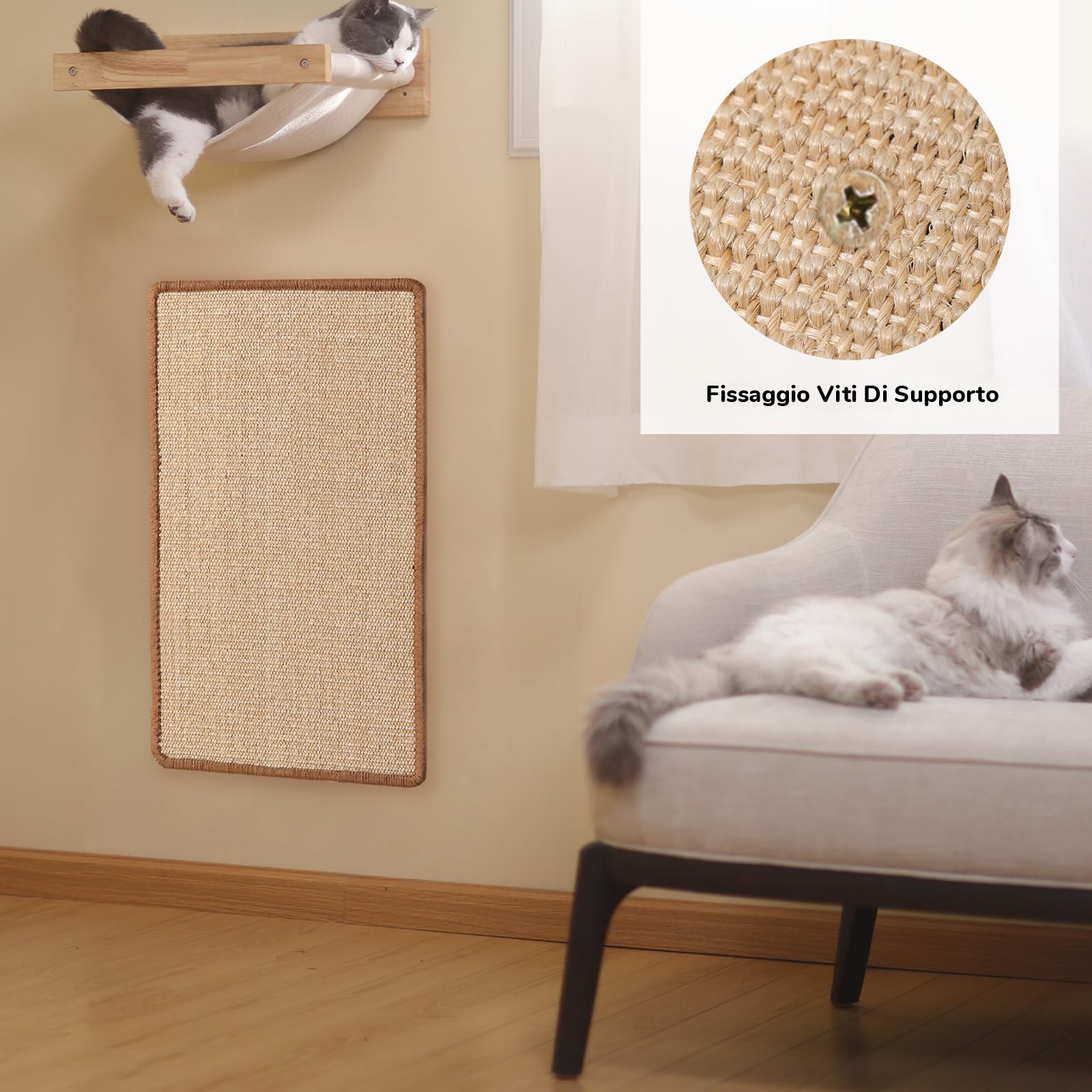 FUKUMARU Tappetino Tiragraffi Per Gatti, 60 x 40 cm, In Sisal Naturale, Tappetino Tiragraffi Orizzontale,Interni, Protegge Divano e Tappeti, Multi-scena, Per Parete e Angolo