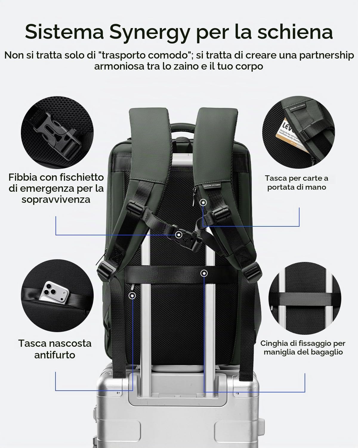 MARK RYDEN Zaino portatile di grande capacità con USB 17.3 pollici/15.6 pollici per gli uomini multifunzione antifurto zaino giorno per business