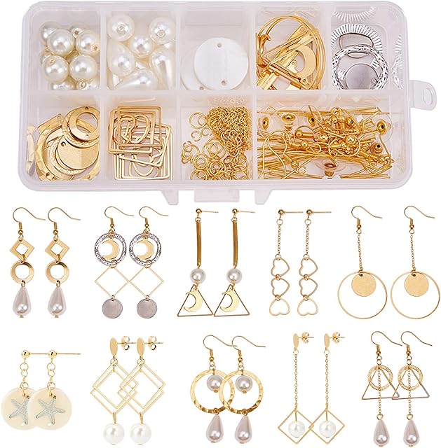 SUNNYCLUE 1 Box DIY 10 Pairs Geometric Hollow Earring Making Starter Kit Classic Round Square Heart Triangle Charm Connector, Earring Stud Hooks Jewelry Making Supplies Craft for Beginners, Golden