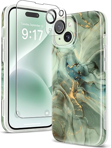 GVIEWIN Funda de mármol para iPhone 15, con protector de pantalla y protector de lente de cámara, protección contra caídas de grado militar de 10