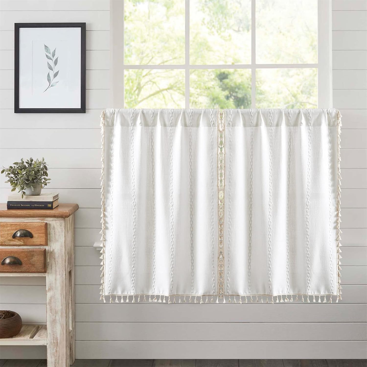 Amazon.com: RoomTalks White Boho Farmhouse Kitchen Curtains 45 Inch Length French Striped Modern ...