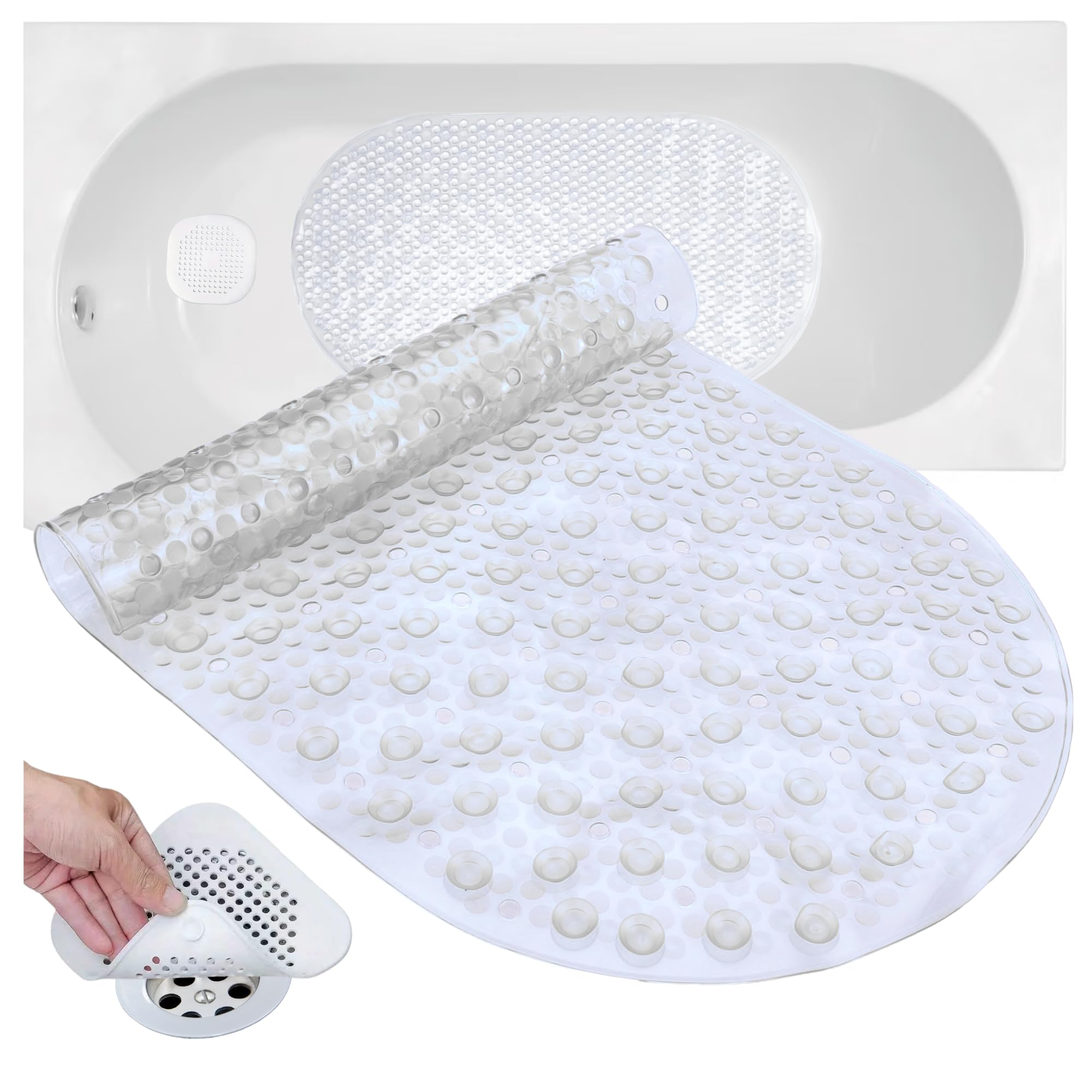 Non Slip Bath Mat 68x38.5cm with Drain Hair Catcher for Bathroom
