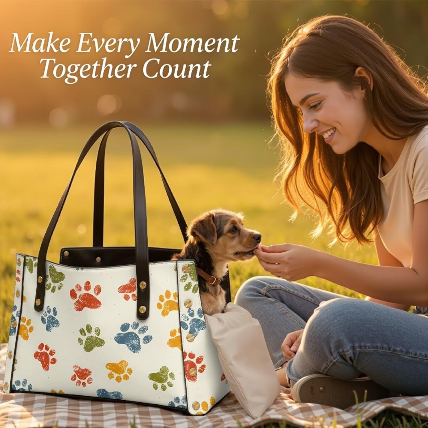 COEQINE Dog Bag Carrier Purses for Womens Colorful Paw Prints Beige Leather Sling Bag for Women Breatheable Pet Handbags Carrier for 0-15 ibs