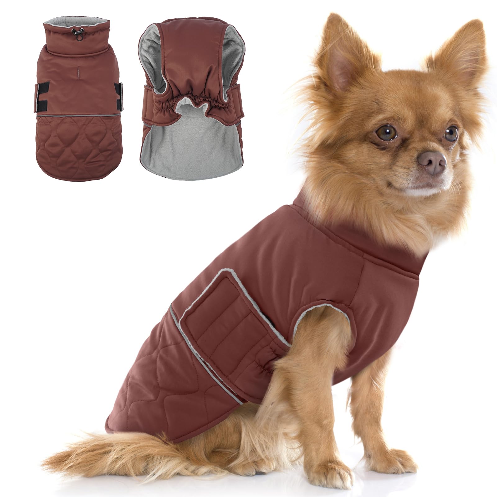 Manteau Petit Chien Chaud Hiver Résistant à l'eau Velcro Doudoune Petite Taille pour Yorkshire Bichon Jack Russel Brun Rougeâtre