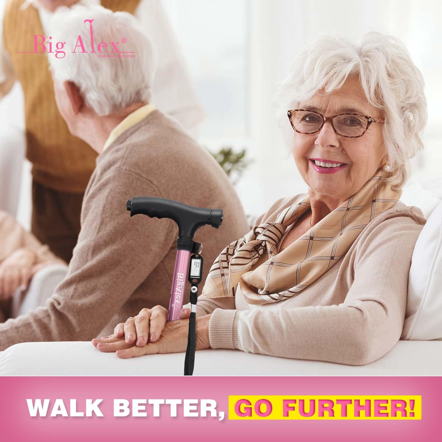 BigAlex Folding Walking Cane with LED Light,Pivoting Quad Base,Adjustable Walking Stick with Carrying Bag for Man/Woman (Alloy Base)