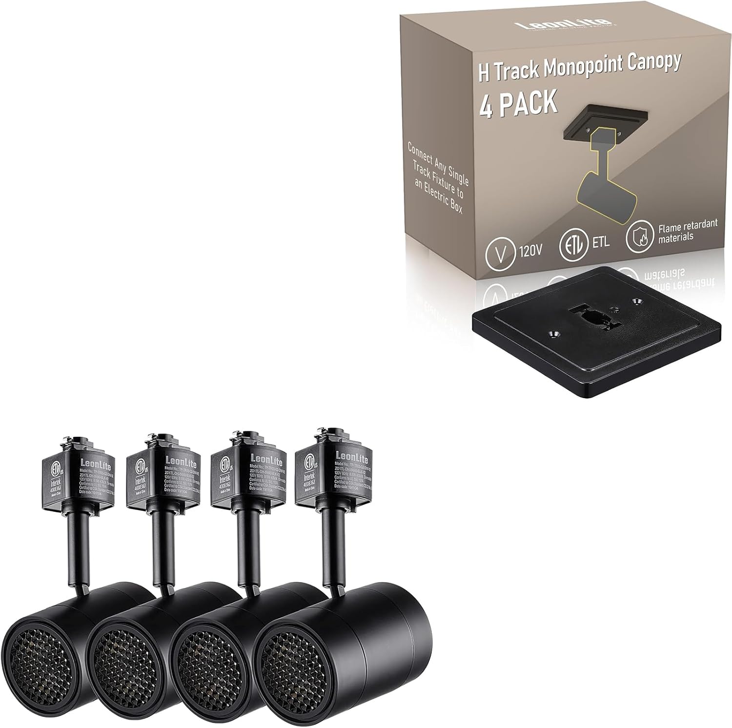 LEONLITE Anti-Glare Net Dimmable LED Track Lighting Heads Bundle H Track Monopoint Canopy, 4-Pack 8.5W H Type Track Light, 4000K, Black & 4-Pack 120V, for H Type Track Lighting System, Black