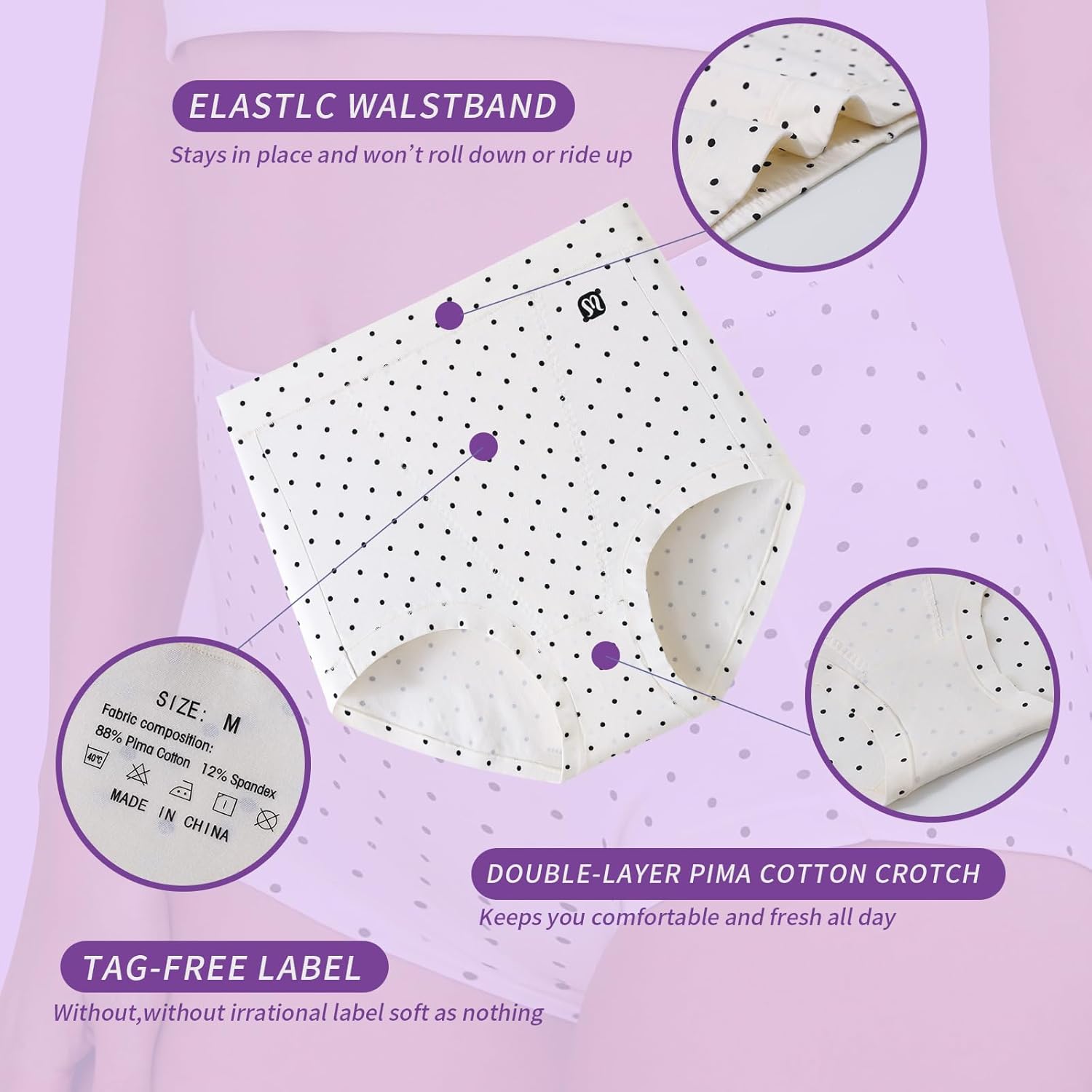 Womens Underwear Pima Cotton High Waisted Ladies Panties Full Coverage Briefs 8 Pack (Regular & Plus Size) - Image 3