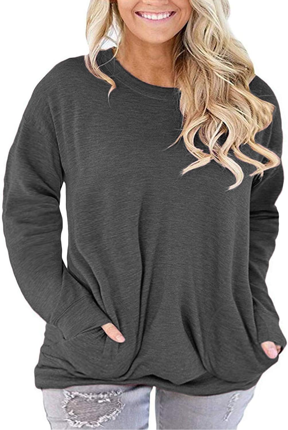 ROSRISS Plus-Size-Tops for Women Long Sleeve Casual Tunics V Neck Pockets Shirts