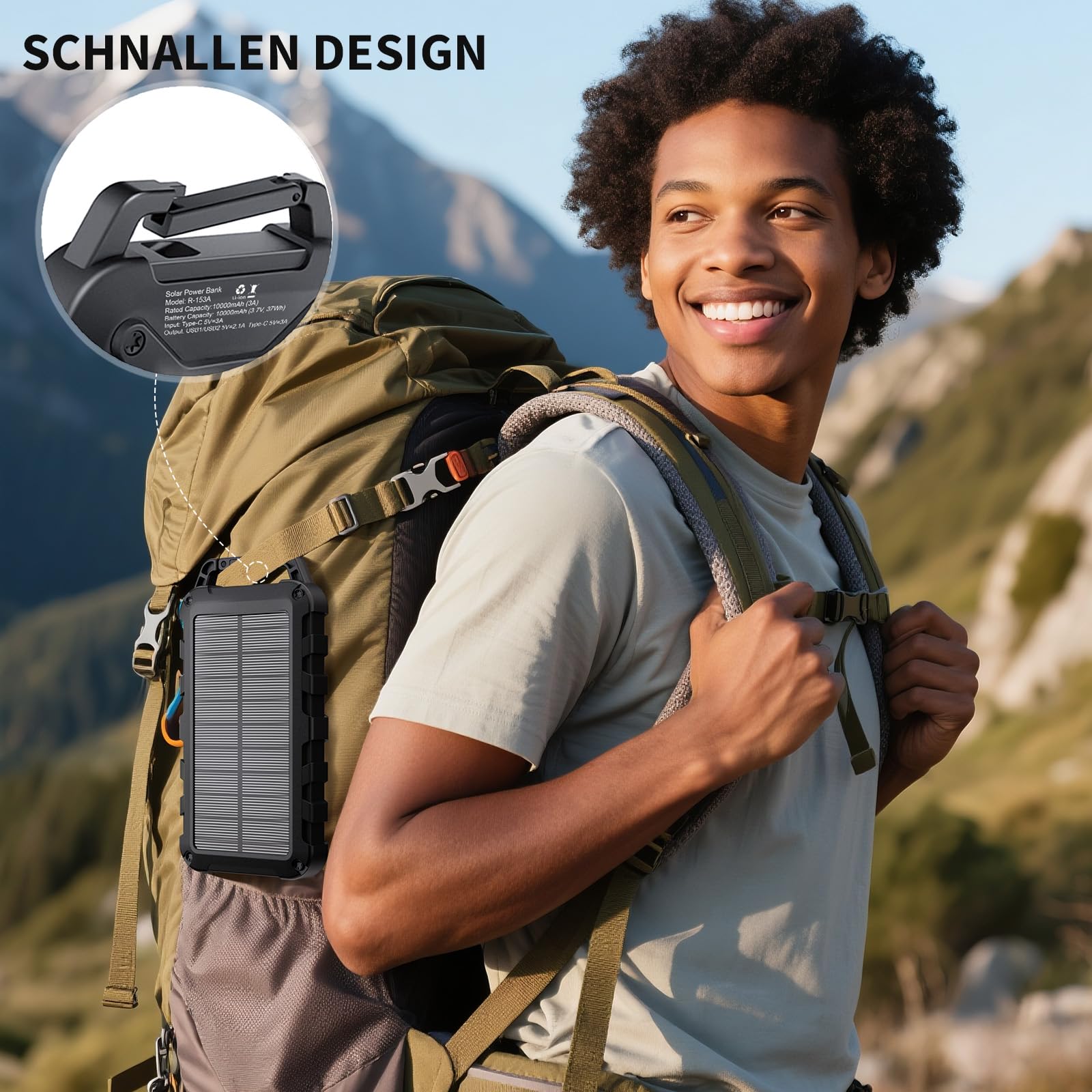 Solar Powerbank 10000mAh PD 22.5W Tragbares Solar Ladegerät USB C Outdoor Wasserdicht Externer Akku mit LED-Licht und 3 Ausgängen für Tablets Smartphones Outdoor Camping Schwarz