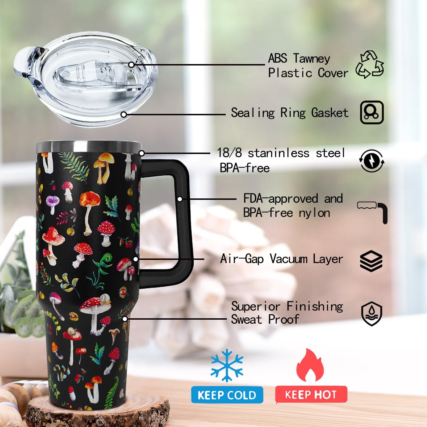 Ceovfoi 40 Oz Mushroom Tumbler With Handle,Mushroom Coffee Travel Mug Cup Water Bottle,Mushroom Decor,Mushroom Gifts for Women - Image 3