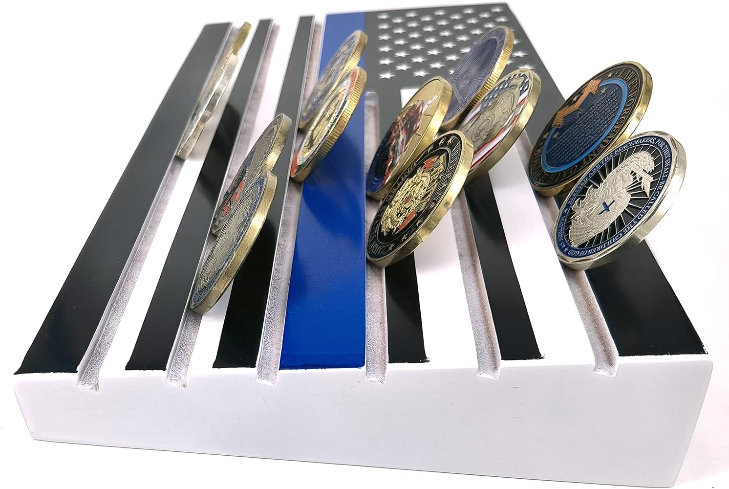 6 Row American Flag Coin Display Stand - Thin Blue Line Military Challenge Coin Display Case - Holds 42-46 Coins