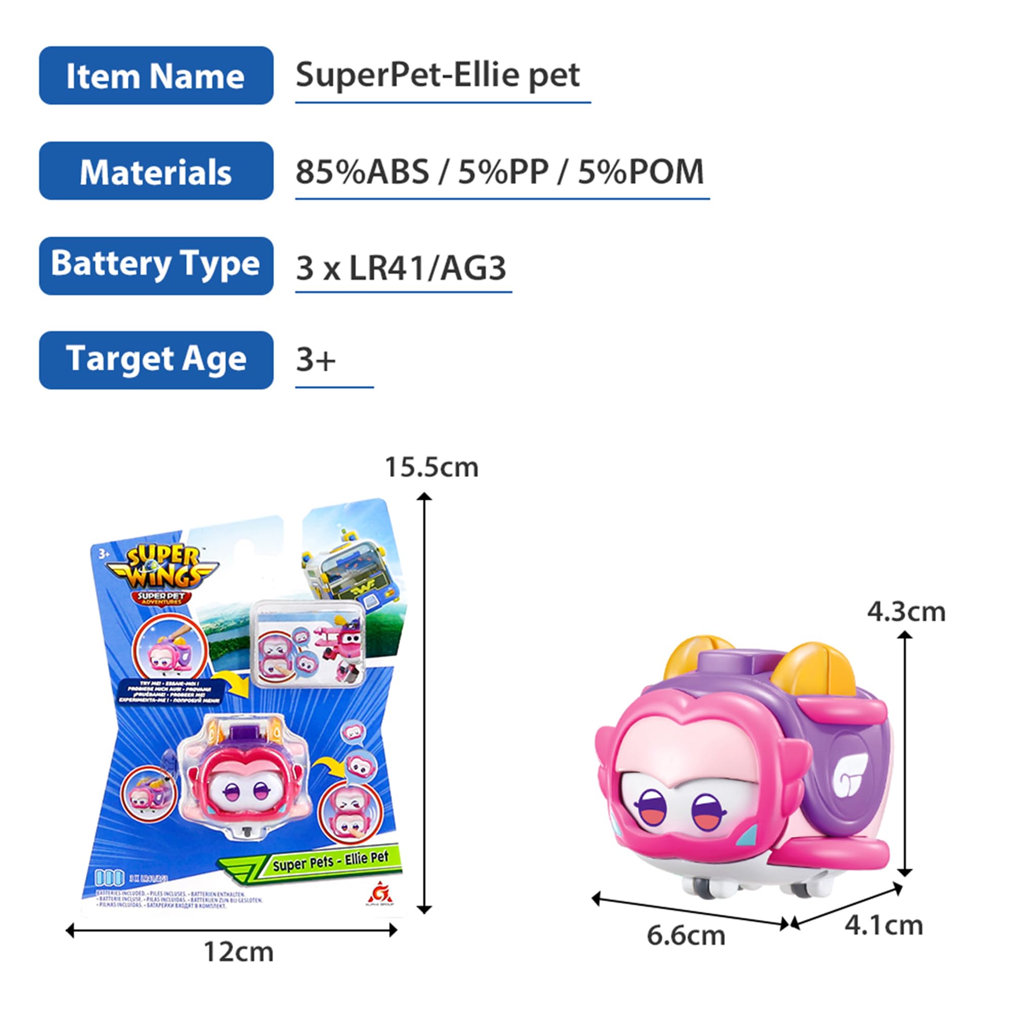 Super Wings Super Pet Ellie, błyszczący efekt świetlny, zabawka dla chłopców i dziewczynek, 3, 4, 5, 6, 7, 8 lat, wielokolorowa, 5 cm