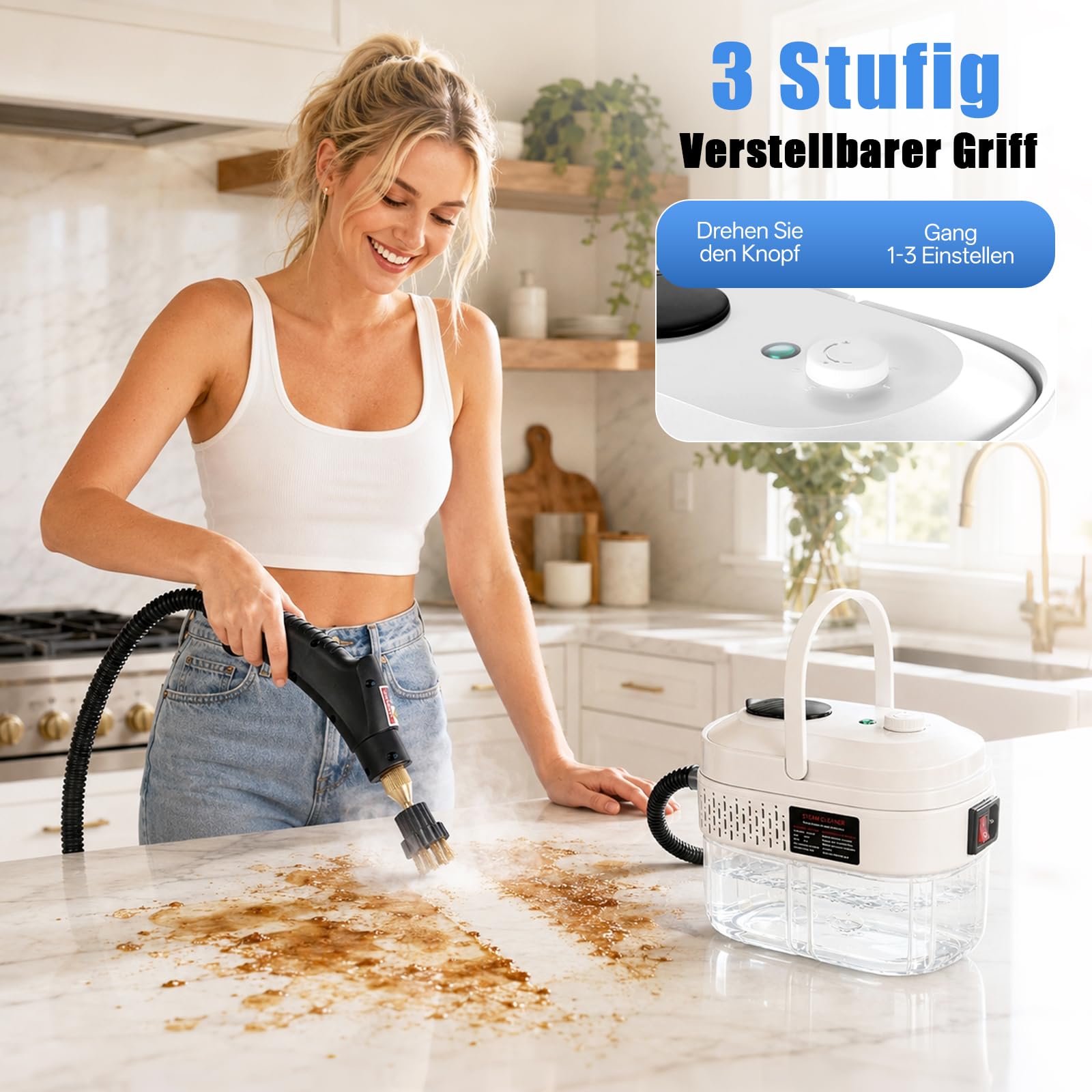 Dampfreiniger Handgerät, 1600W Handdampfreiniger mit 1.4L Tank Handdampfreiniger, Dampfdruck 3 Bar, Aufheizzeit: 15 s, für Bodendampfer, Ofen, Teppich, Sofa, Polster, Bettwanzen, Auto