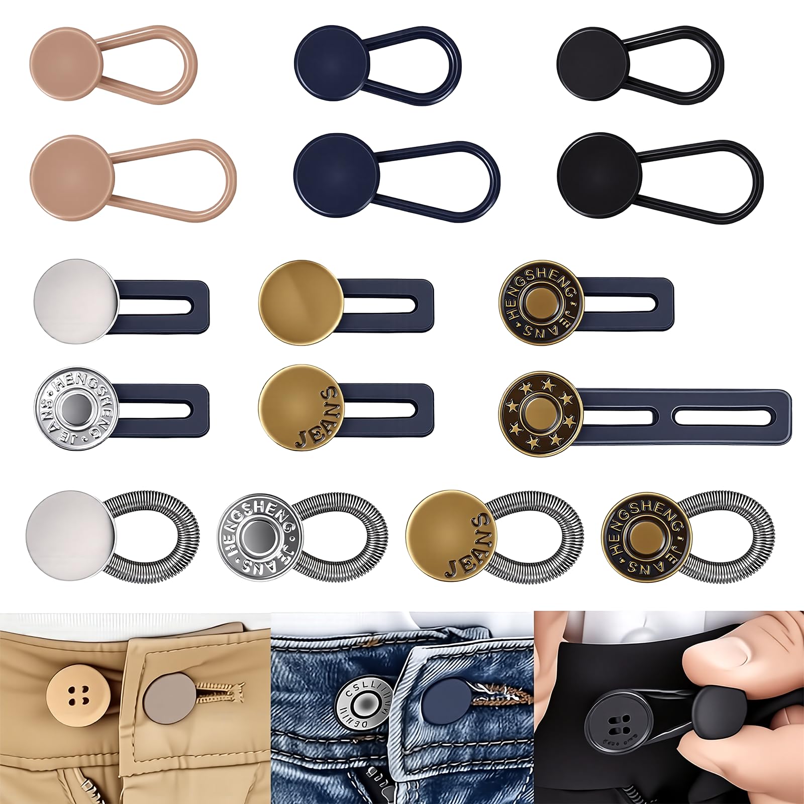 16 Pack Button Extender, No Sew Waistband Extender with Silicone Loop, Adjustable Waist Extender for Trousers, Button Extenders for Jeans, Collars and Cuffs