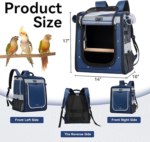 Vista 20 de Petsfit Transportador de pájaros de tamaño mediano con cuenco de acero inoxidable, mochila de loro incluye bandeja deslizante para una fácil Azul