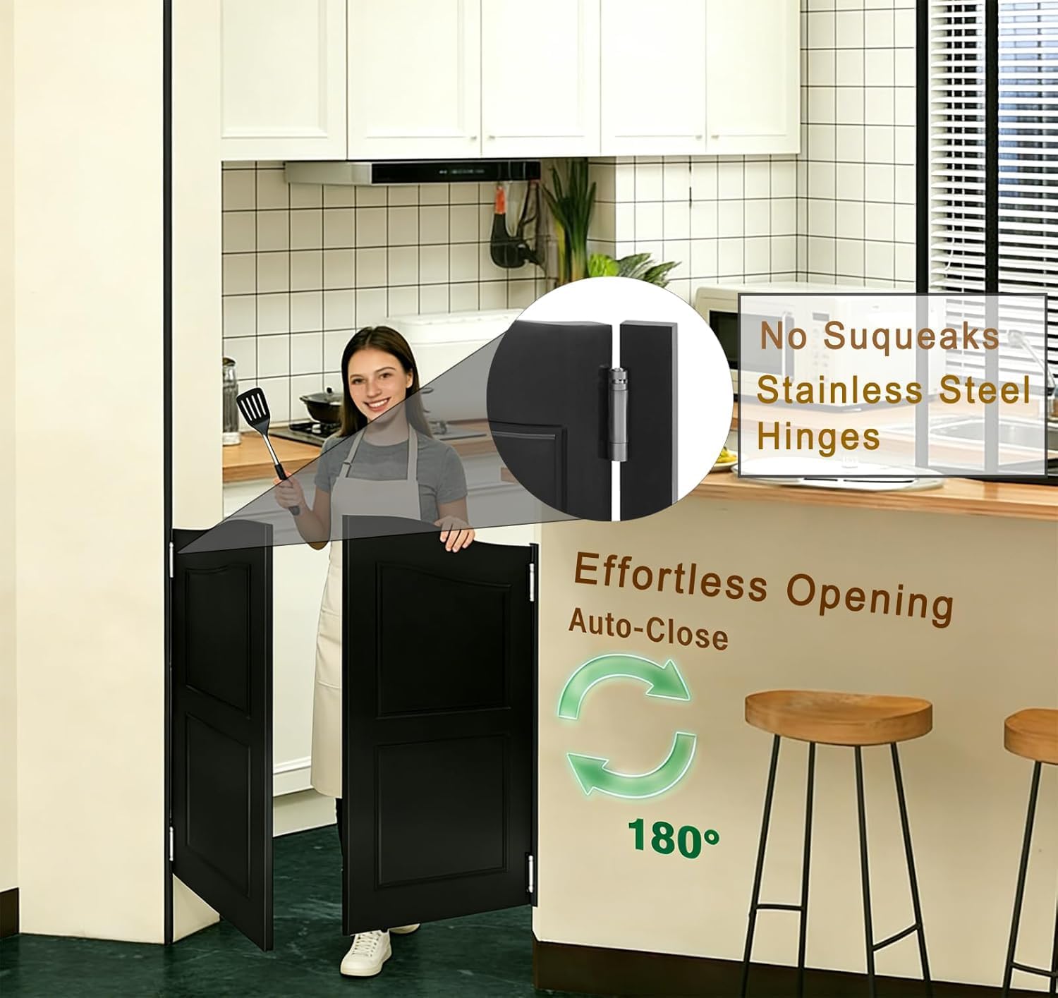 Cafe Swinging Door, Solid Wood Swing Saloon Doors with Hinges Hardware, Entrance Partition Door for Hallway Kitchen Doorway Shop Bar Porch Pet Gate Shop, Auto Close (Black, 32 x 42in)