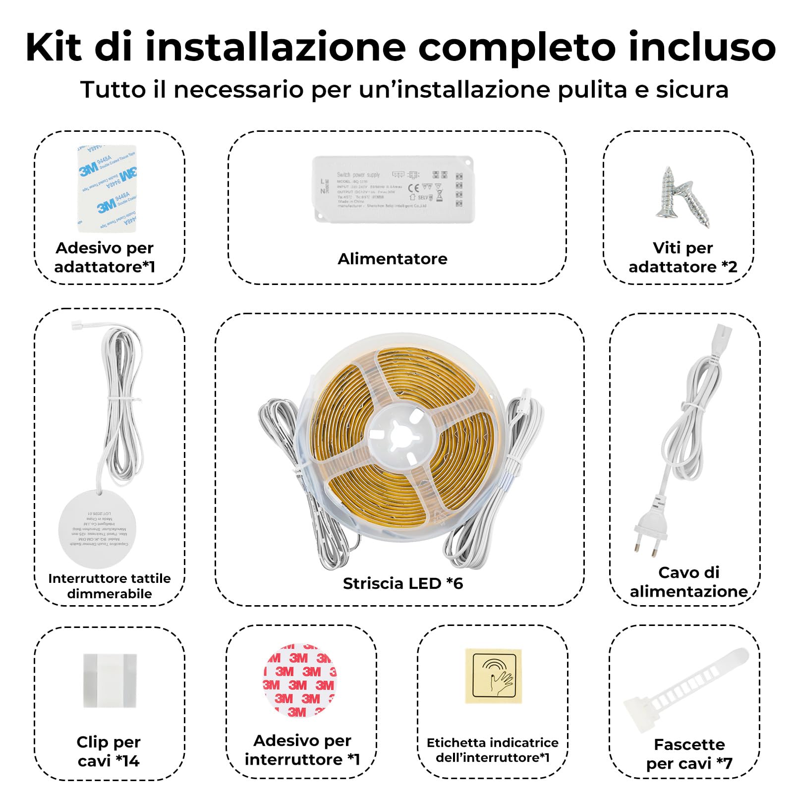 Striscia LED COB 6 x 1 m, Dimmerabile con Controllo Touch, per Pannelli Acustici, Armadi, Cucine, Cantinette per Vini, Vetrine e Illuminazione di Scaffali, 3000K