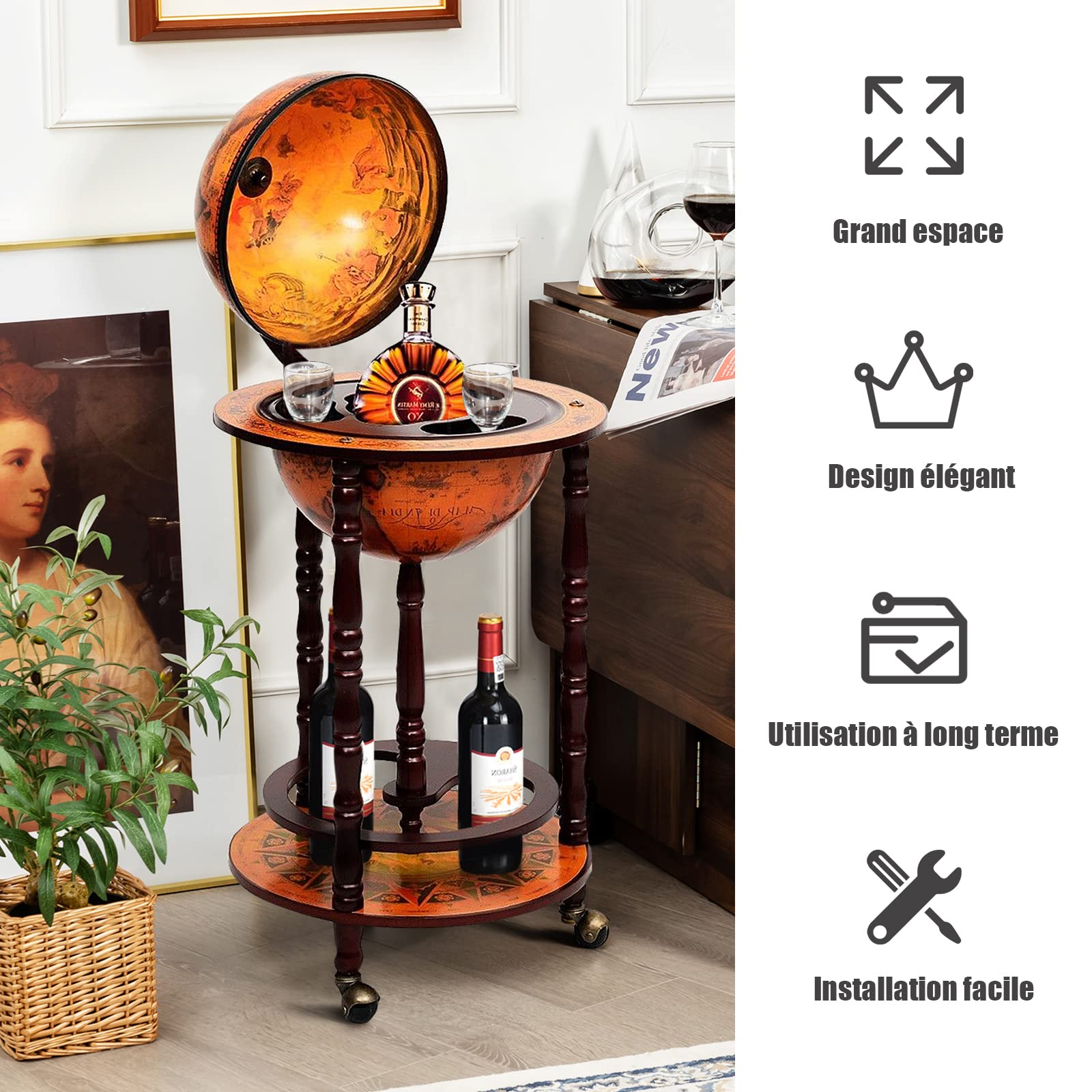 COSTWAY Globus Bar, Globusbar aus Eukalyptus, Weltkugel Barwagen mit Rollen, Retro Hausbar Minibar für Weingläser & Weinflaschen (Braun)