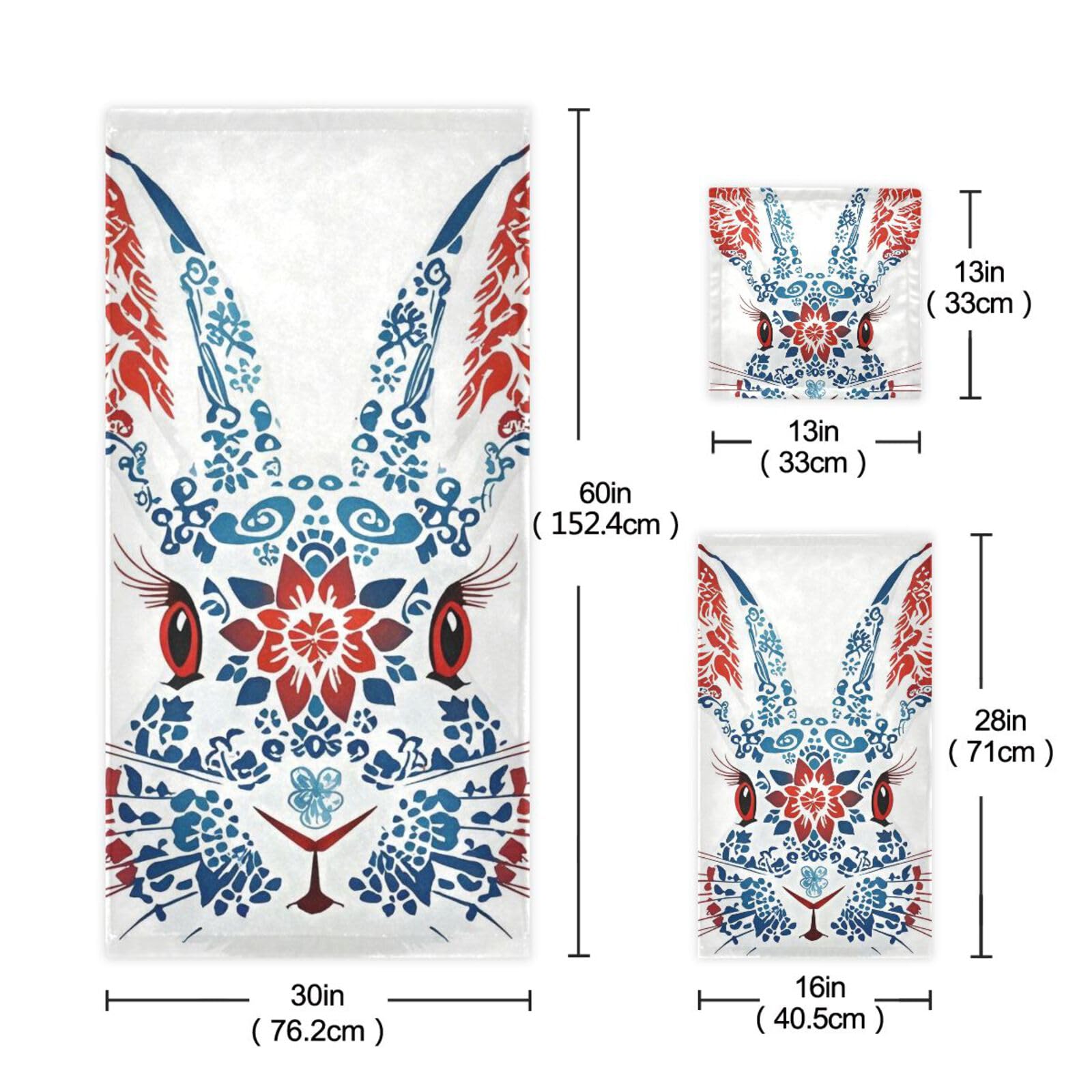 Set di 3 asciugamani per il viso con coniglietto rosso e blu, 1 asciugamano da bagno, 1 asciugamano per le mani, 1 panno per la casa, cucina, hotel, palestra, nuoto, spa