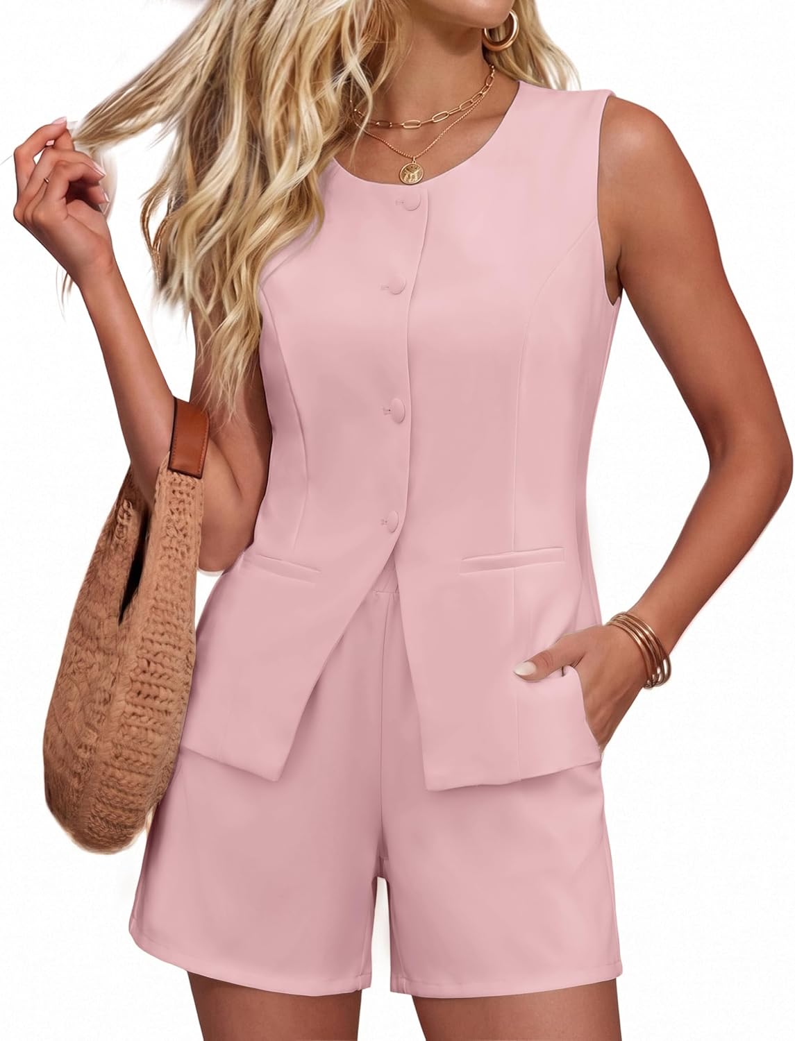 Women's Sleeveless Short Set, Business Casual Outfits S-XL | Sleeveless vest, high waist shorts; Wrinkle-proof lined; Slimming leg-elongating fit; Office to vacation; Old money aesthetic
