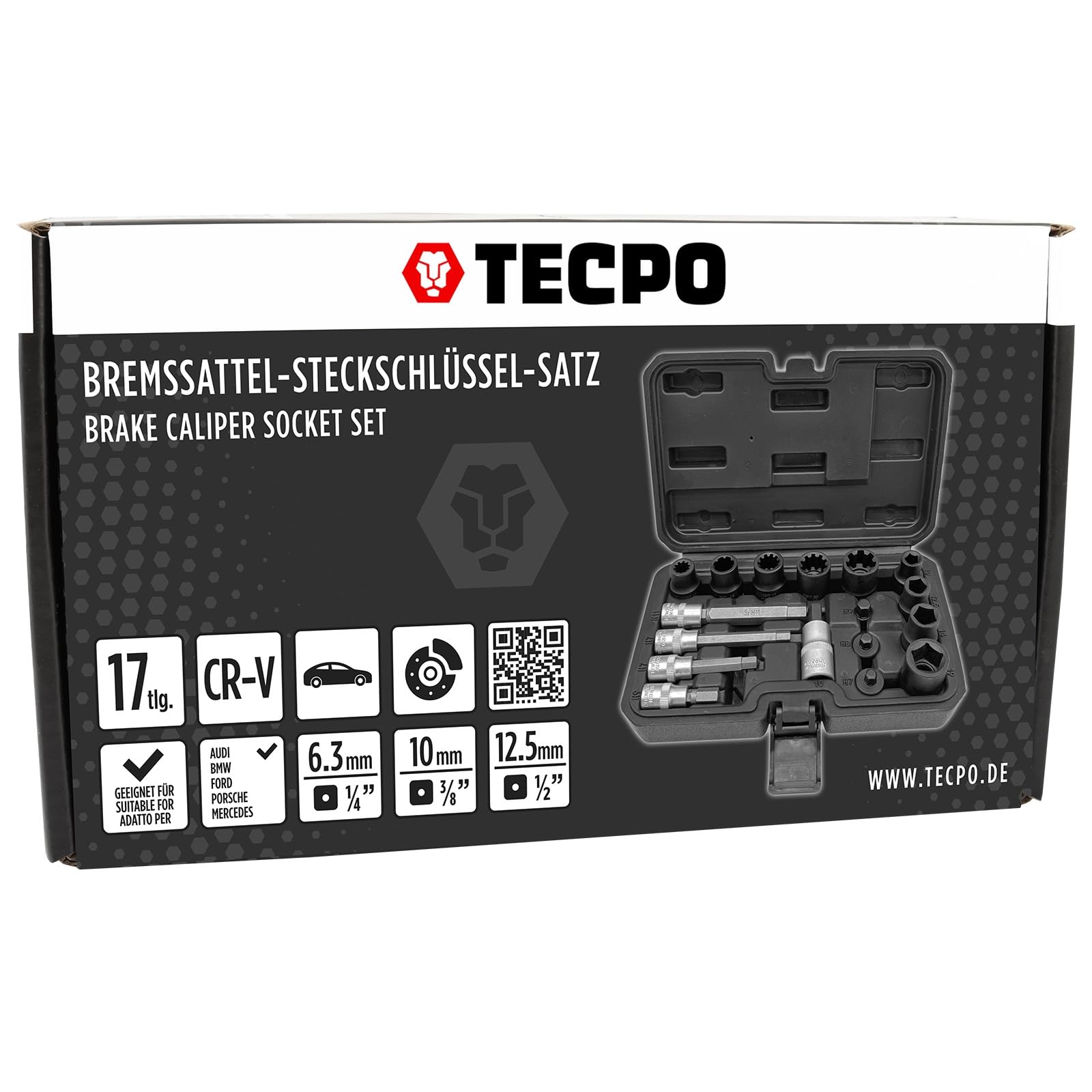 TECPO Set di chiavi a bussola per pinza freno, 17 pezzi, compatibile con Audi, BMW, Ford, Mercedes, Opel, Porsche, VW