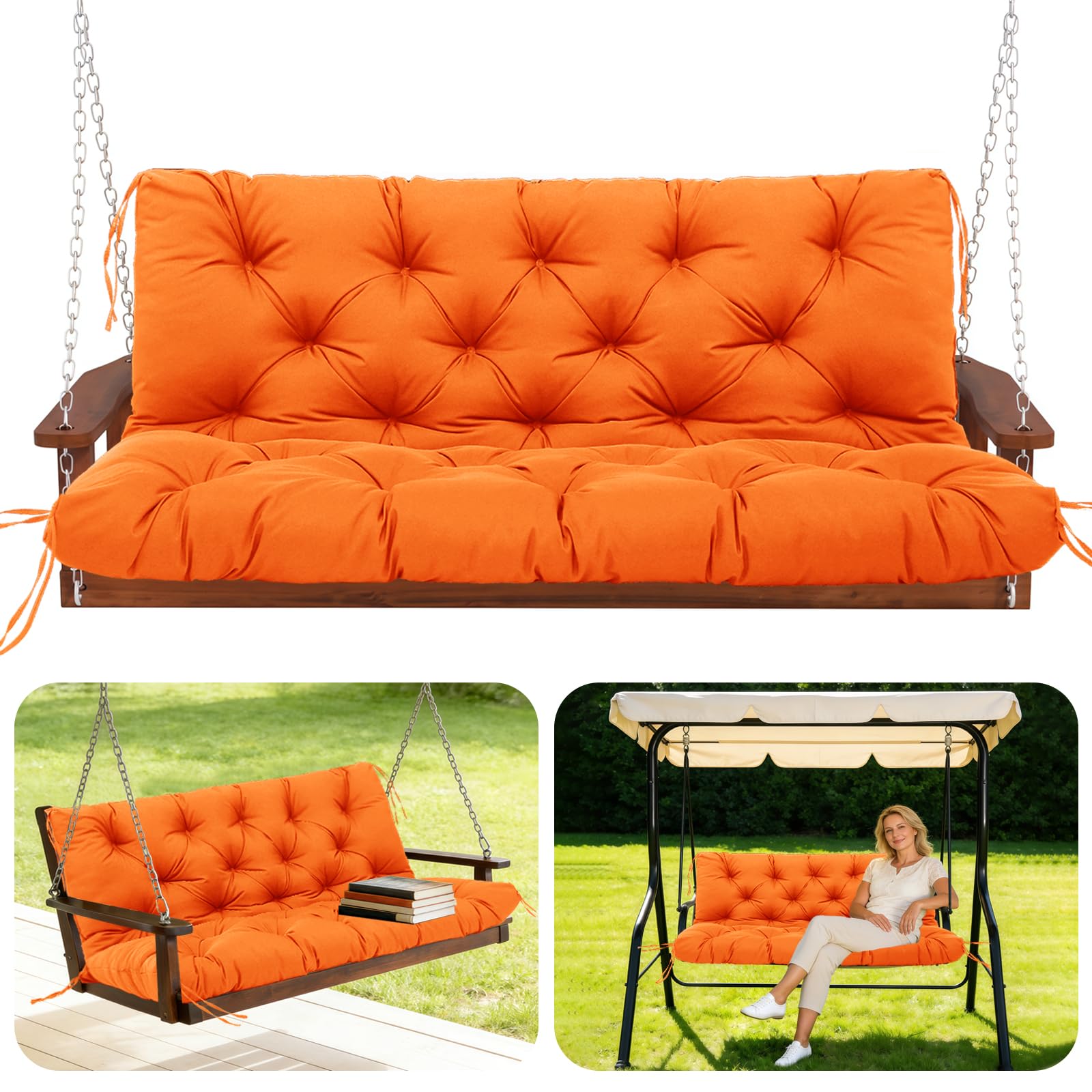 GHDM Garden Bench Cushion Thick 12cm Swing Cushions 2 Seater with Backrest and Tie 120cm Waterproof Swing Seat Cushions Replacement for Outdoor Furniture Patio Porch Lawn Backyard(Orange)