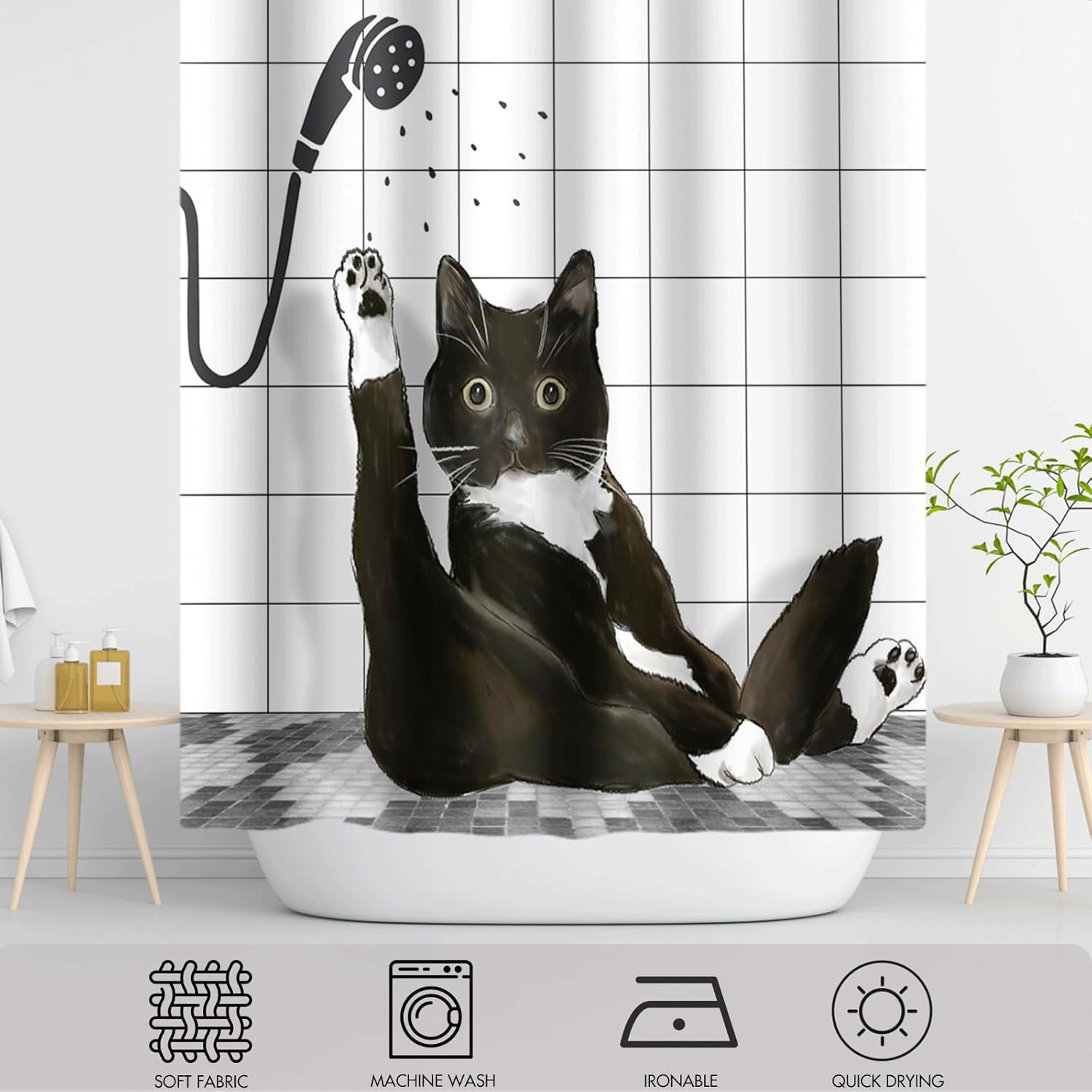 Funny Cat Shower Curtain Set Black White Cute Kitten Taking Shower Design Shower Curtain for Bathroom Kids Polyester Waterproof Bathroom Decoration with 12 Hooks, 72x96in