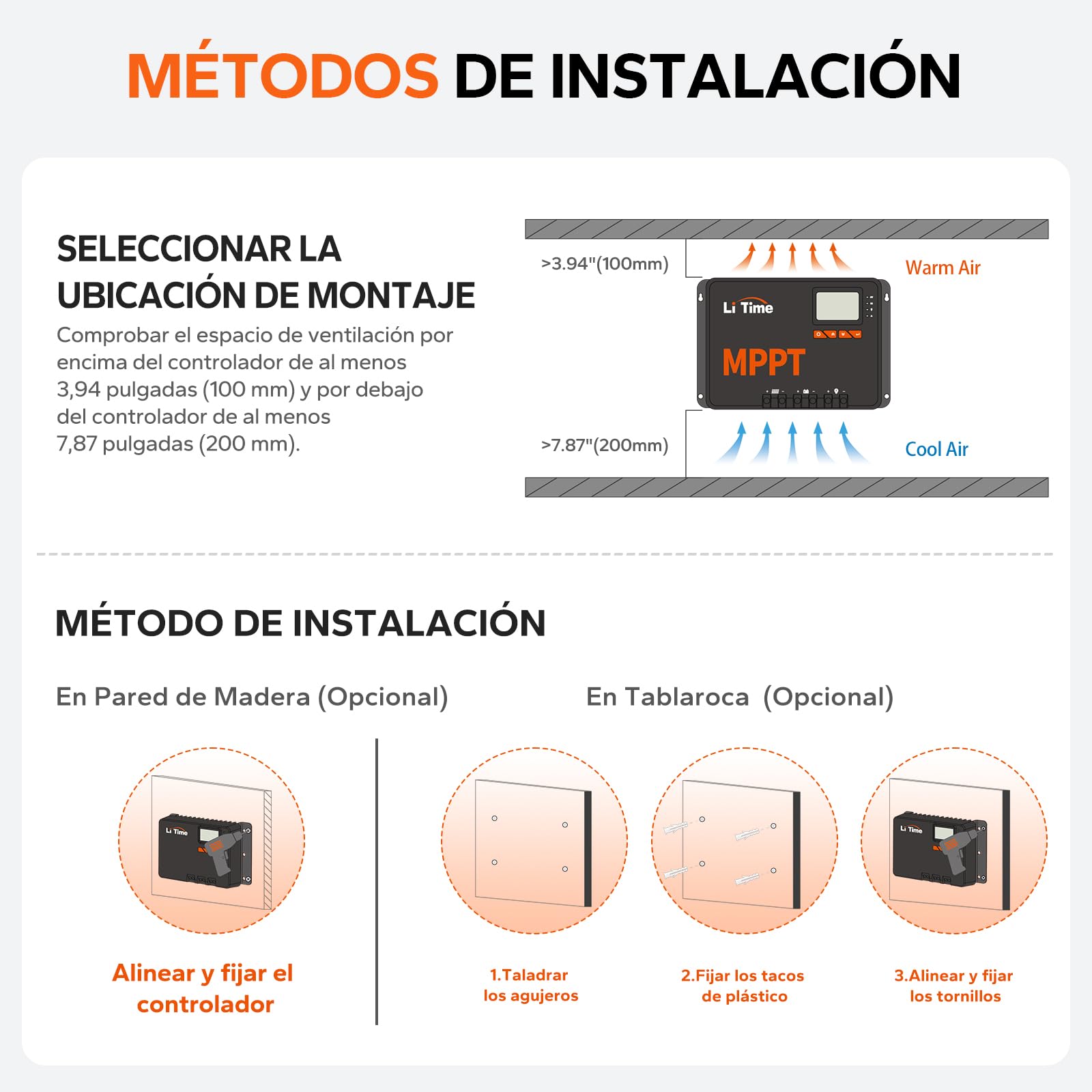 LiTime 60A MPPT 12V/24V/36V/48V Máx. 3200W Entrada DC Automática Controlador de Carga Solar con Adaptador Bluetooth, Pantalla LCD con Parámetros Ajustables, Indicadores LED, para Batería de Litio