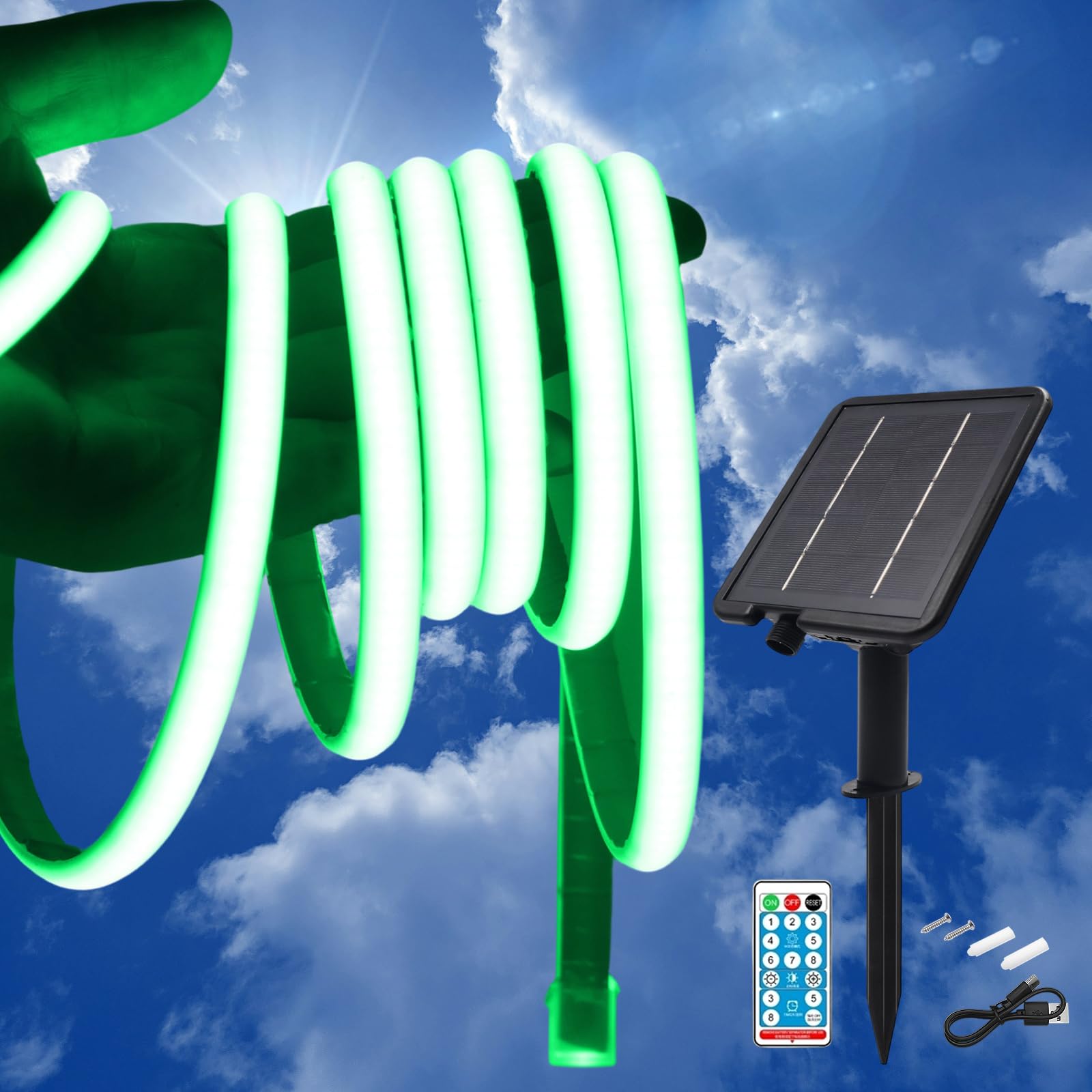 KISUFU 24V Solar LED Strip Lights Outdoor, 320 LEDs/M IP68 Waterproof Cuttable Self-Adhesive Rope Light with 2400mah 8 Modes Battery Box Remote Control for Porch Gazebo Yard Trees Garden Decor.