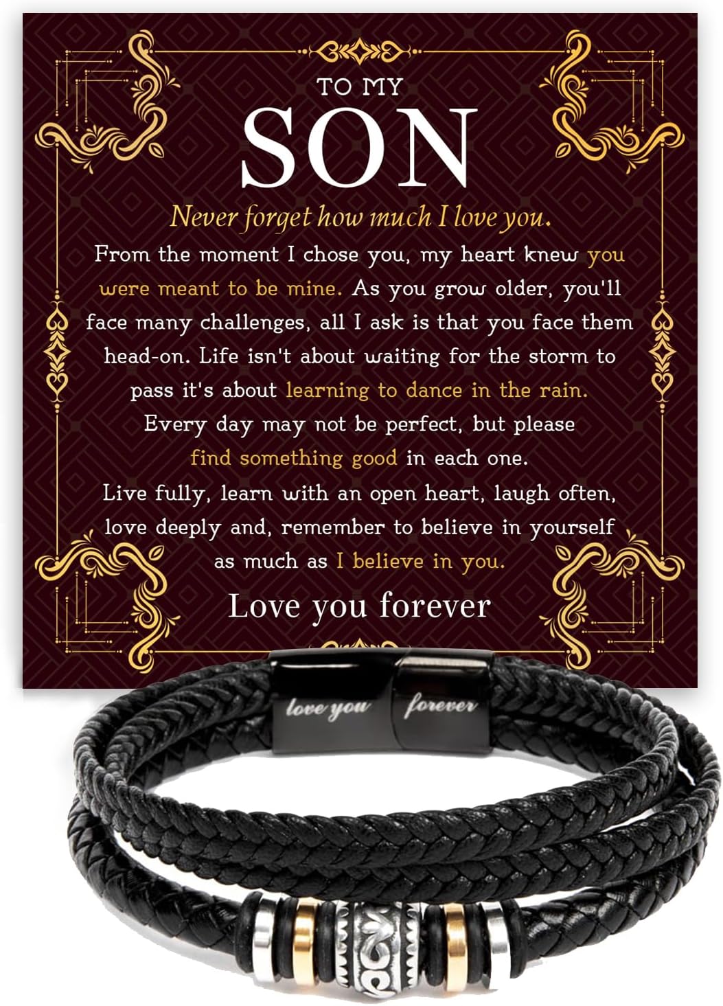 To My Son Bracelet From Father And Mother With Heartfelt Message & Elegant Box, Love You Forever Bracelet Braided Leather, Men's Gift For Son On Christmas, Graduation, Birthday