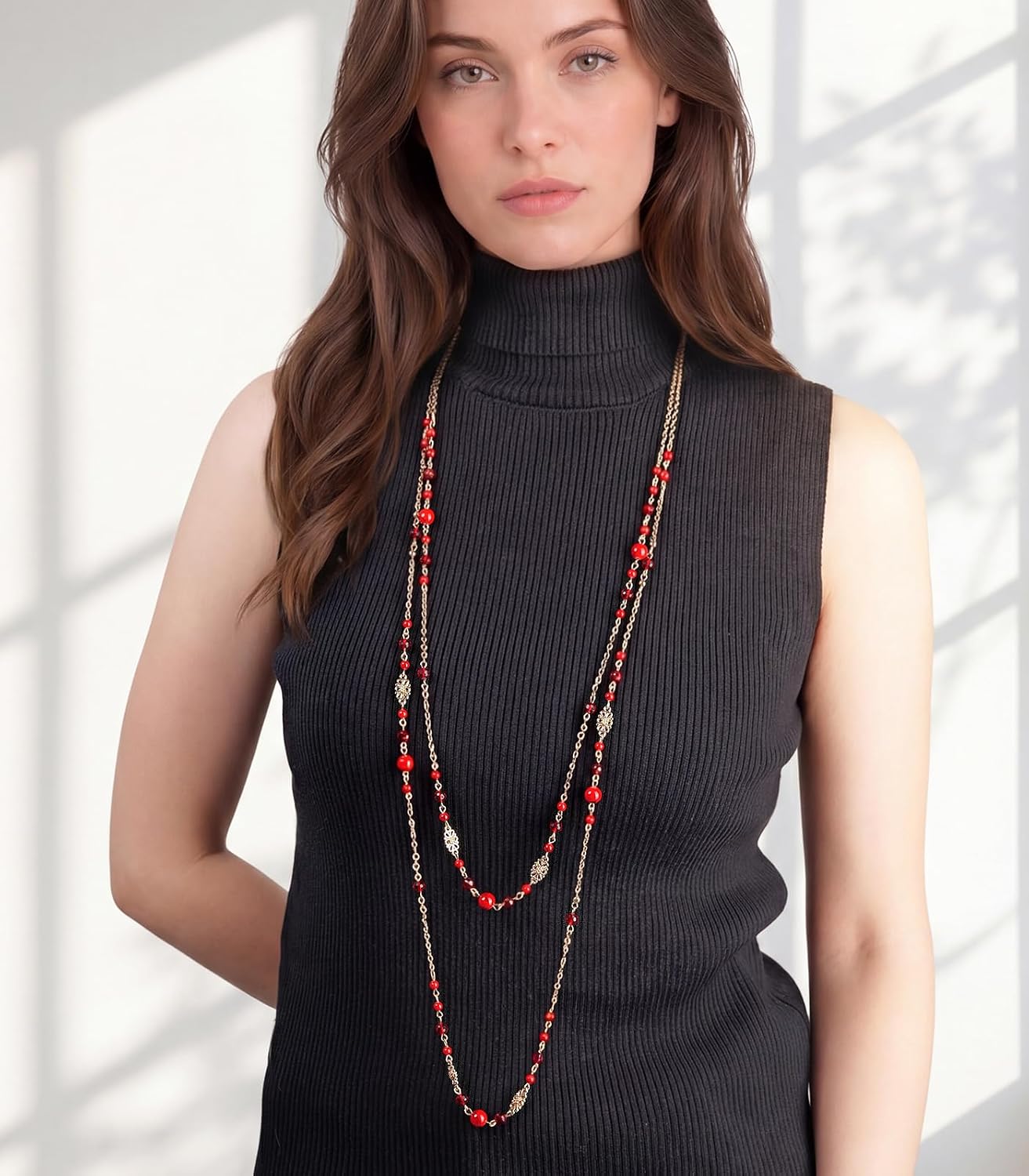 Layered Gold Long Necklaces for Women Natural Stone Beaded Sweater Chain Statement Double Strand Trendy Jewelry Gifts for Mom