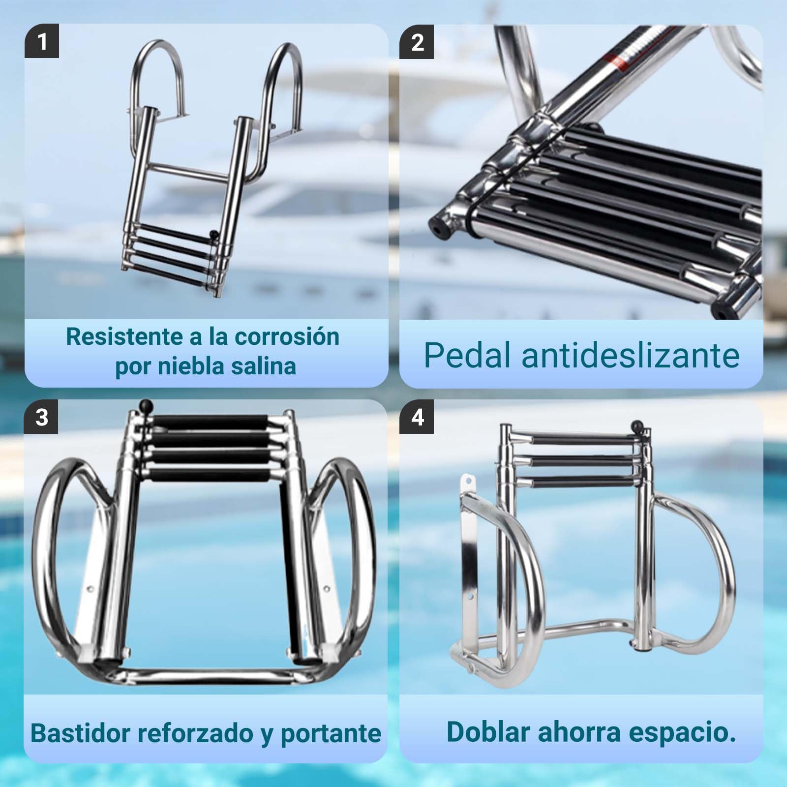 Escalera Piscina Escalera, de 3 escalones, con Acabado Pulido, Diseño Plegable, Pedales Anchos Antideslizantes, Asas Arqueadas para Barcos, Yates, Muelles.