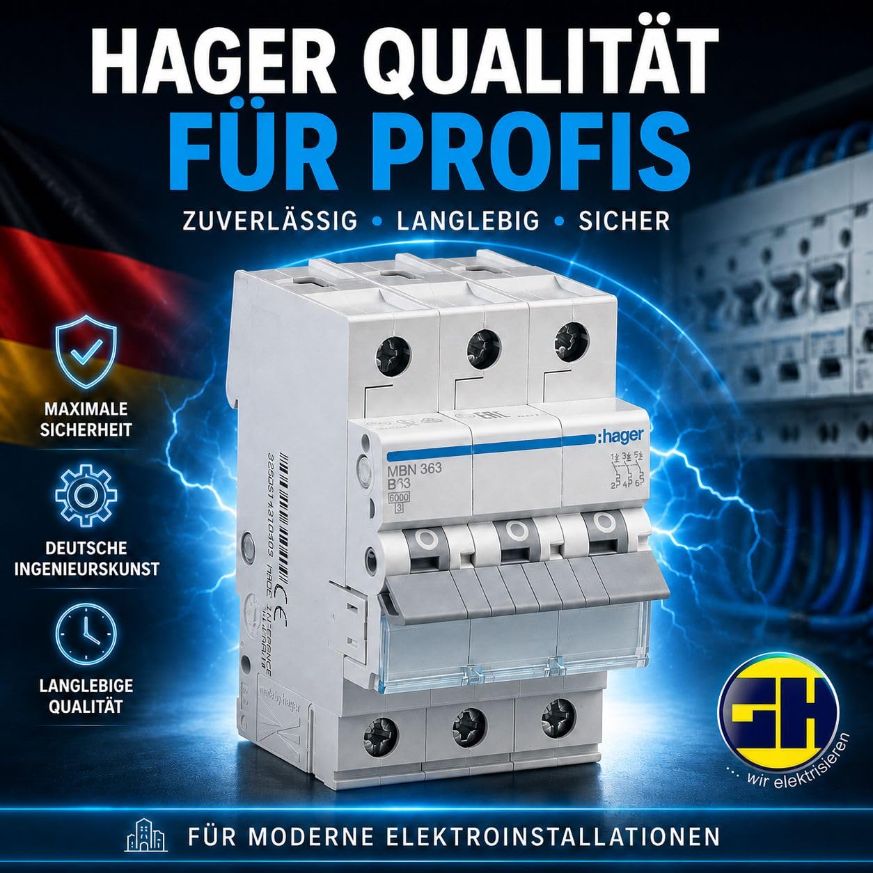 Hager Leitungsschutzschalter 3-polig 63A B-Charakteristik 6kA MBN363 biconnect Sicherungsautomat für Drehstrom 230/400V LS-Schalter FI-Verteiler Hutschiene DIN EN 60898-1