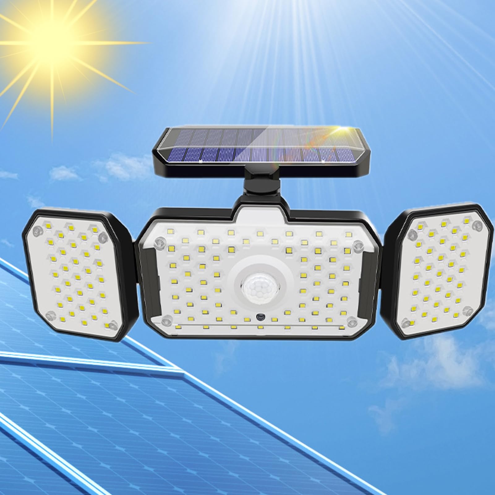 VAODO Solar Lights Outdoor, 132 LED Ip65 Waterproof Motion Sensor Outdoor Light with 3 Lighting Modes, 4 Heads Solar Wall Light for Outside Garden Patio Yard