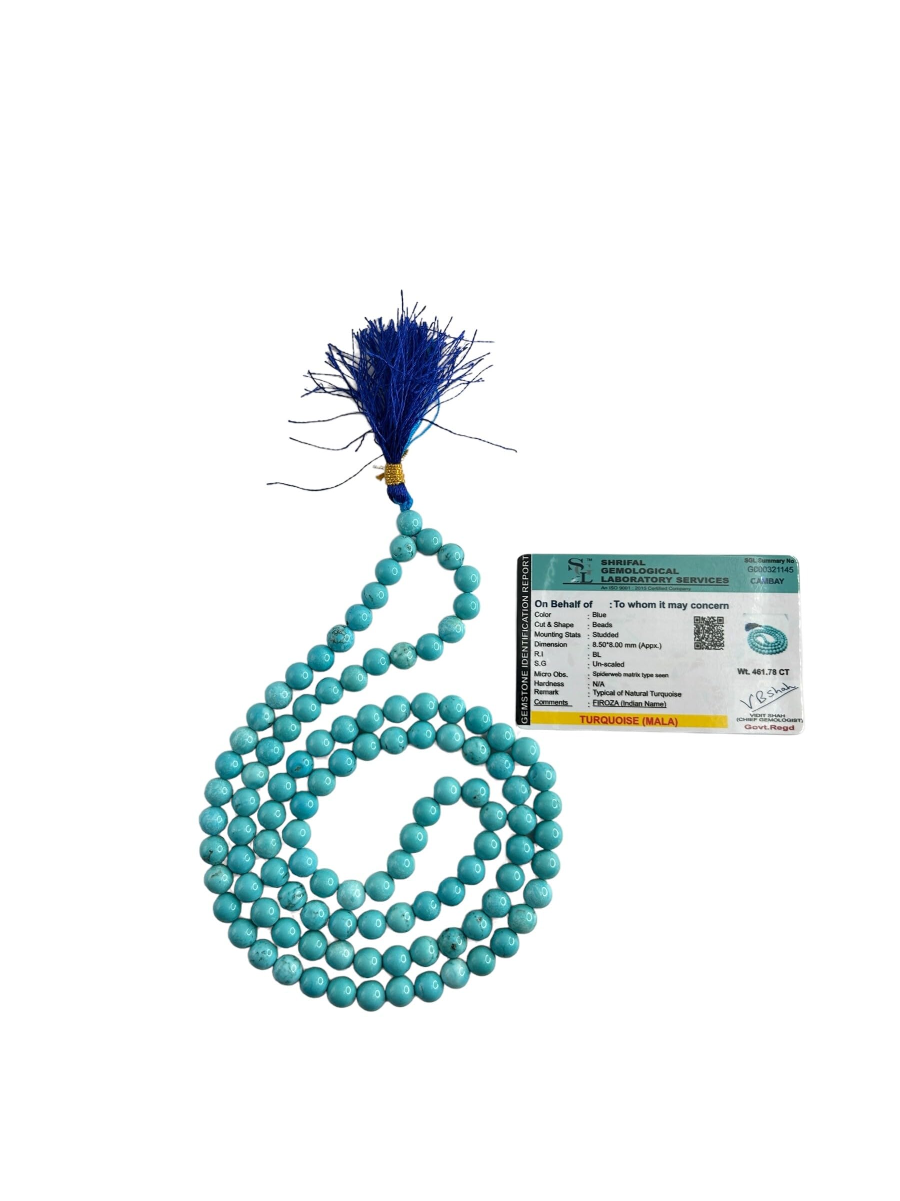 Honest Agate ExportHonest Agate Export Turquoise Crystal Japa Mala -108 Beads with Certificate Buddhist Prayer Beads- Natural Firoza Crystal AAA Grade Original Healing Gemstone Agate Mala for Yoga Meditation Spiritual