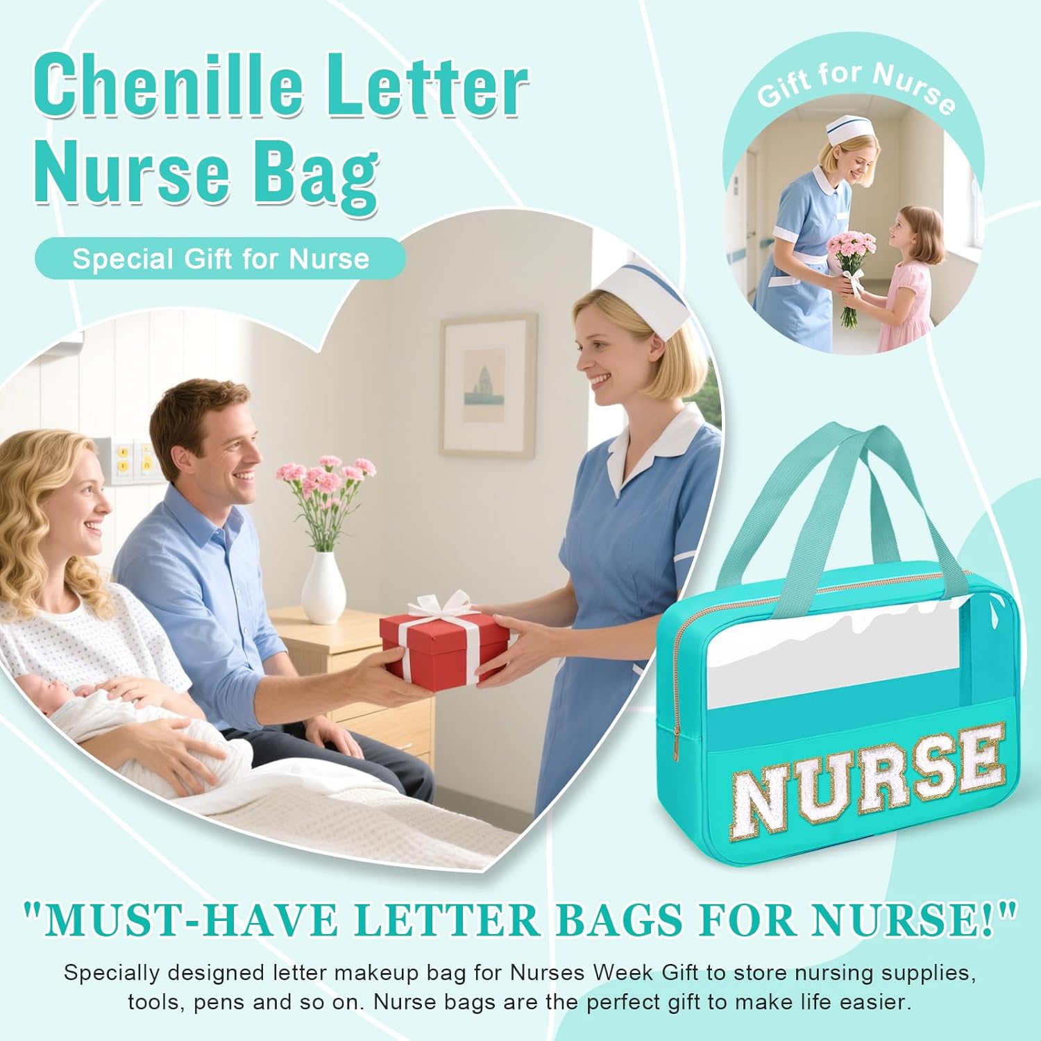 Nurses Week Gifts Chenille Letter NURSE Makeup Bag for Women,Preppy Nurse Cosmetic Pouch Zipper with Handle Nurse Essentials Bag for Work Supplies,Medical Assistant Bag Nursing Students(NURSE-Green) - Image 4