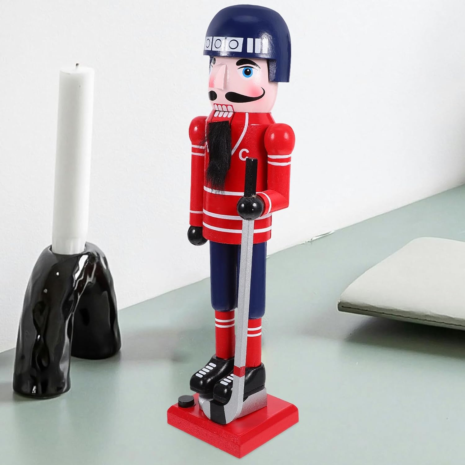 Wooden Nutcracker Figurine 36cm Ice Hockey Player Traditional Christmas Nutcracker Soldier Decoration for Holiday Home Display