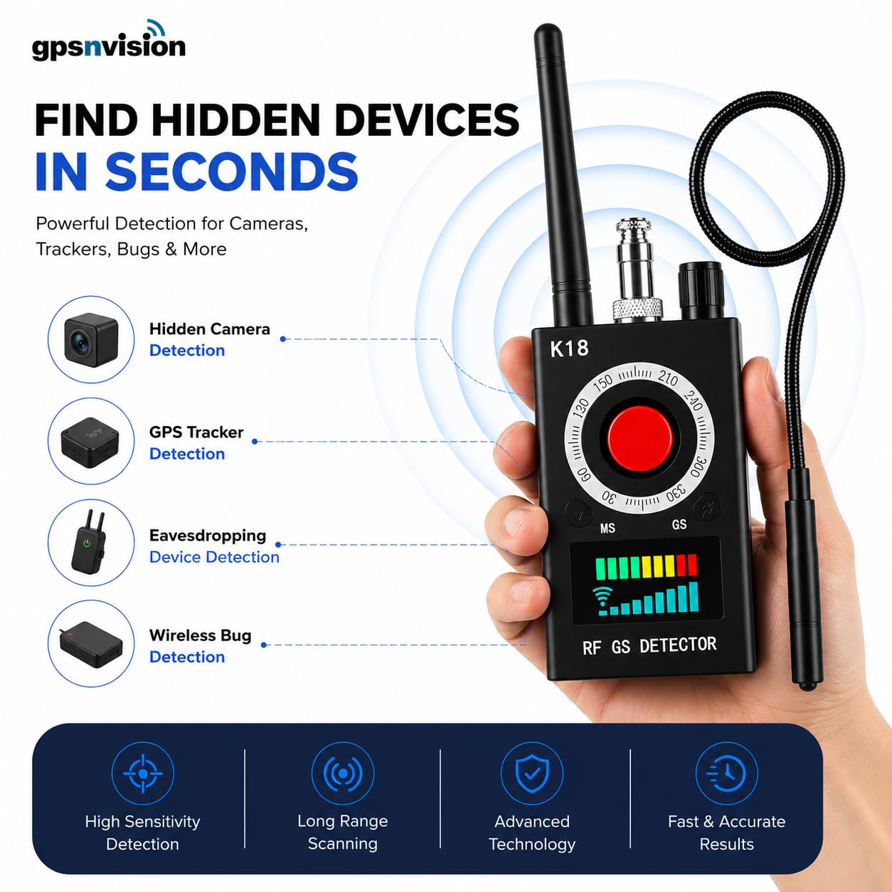 Detector de cámara oculta, buscador de cámara antiespía, detector de rastreador GPS de insectos con escáner de señal RF, campo magnético, dispositivo de protección de privacidad recargable