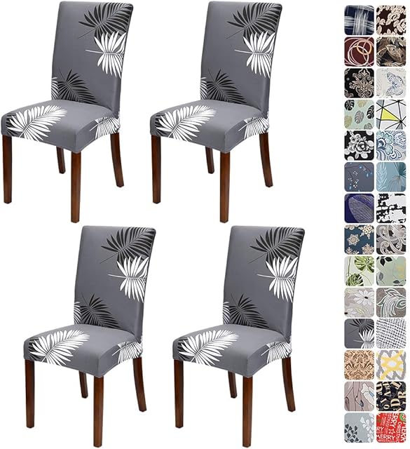 JOTOM Stretch Modern Chair Covers Dining Chair Protector Removable Soft Spandex Dining Chair Slipcovers for Hotel Party Wedding Dining Room Kitchen (Grey White Leaf, Pack of 4)